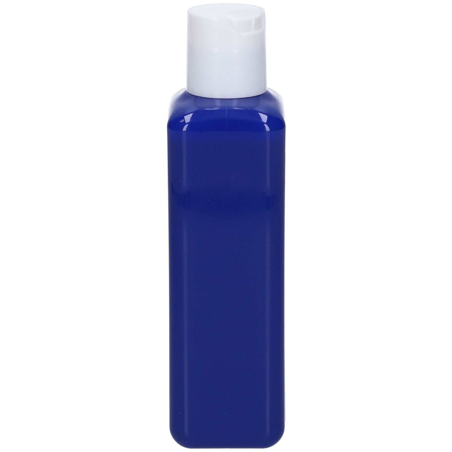 Flacone blu rettangolare con tappo bianco. Nessuna scritta visibile.