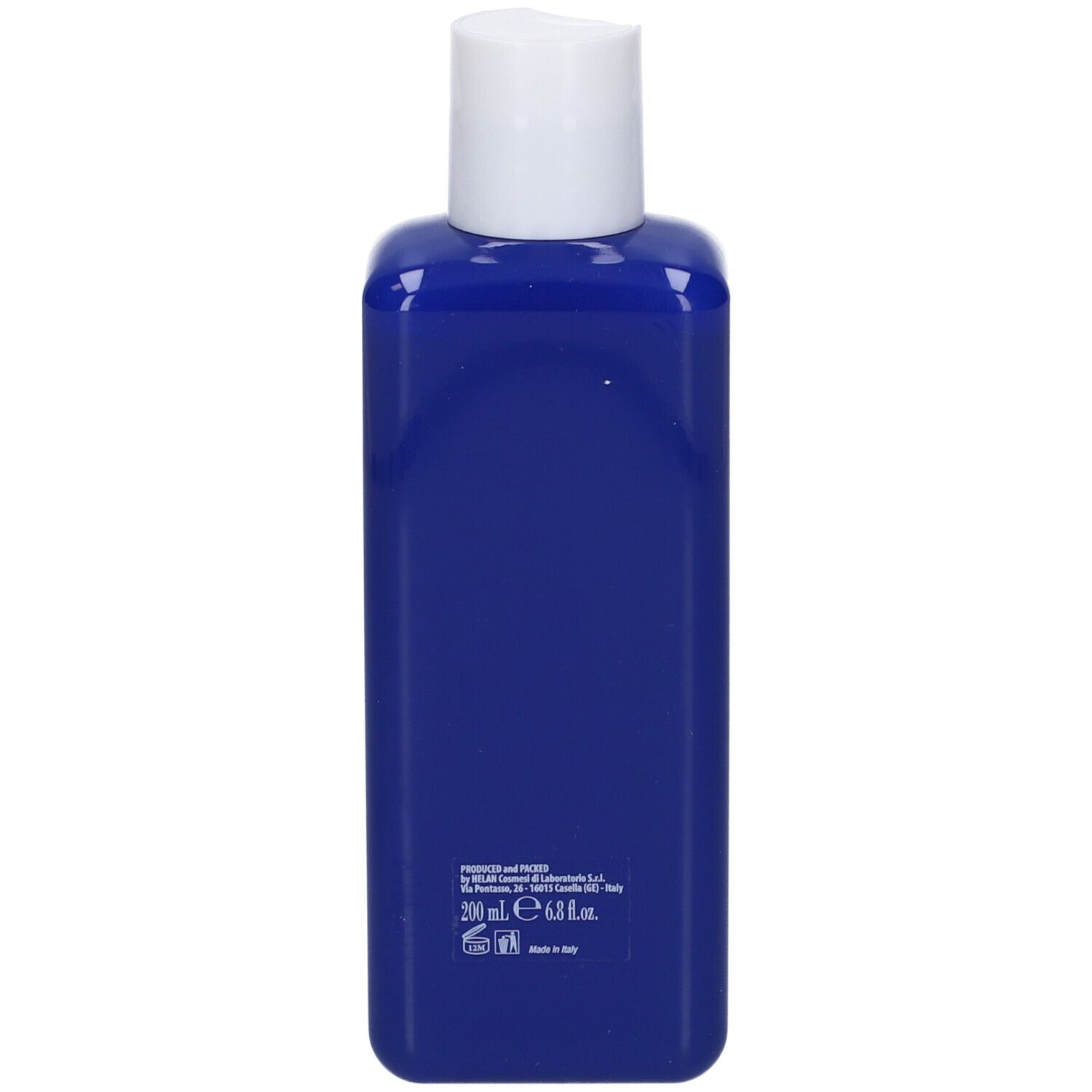 Flacone blu rettangolare con tappo bianco. Retro con testo, nessun marchio visibile.