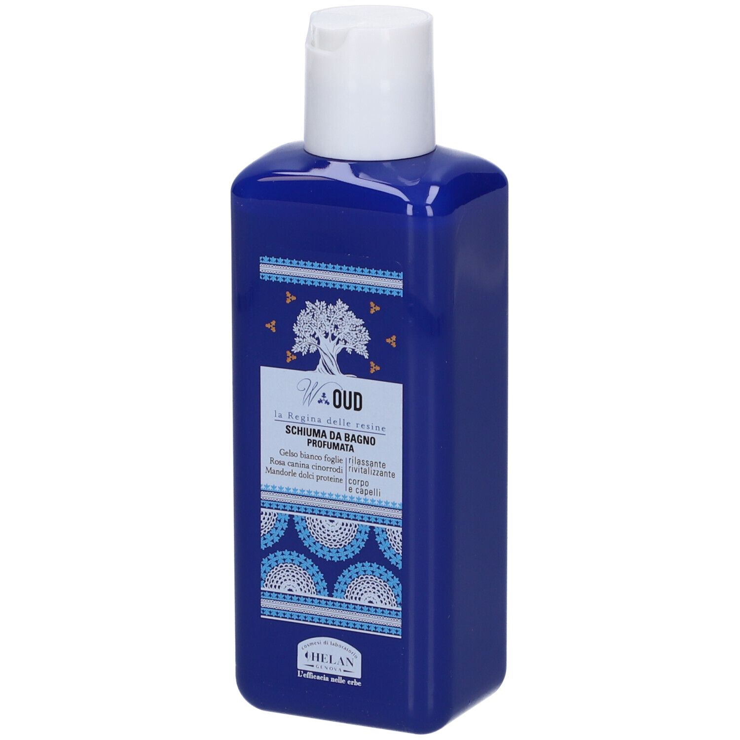 Flacone blu con tappo bianco. Scritta: W Oud, Schiuma da Bagno Profumata. Motivi decorativi.