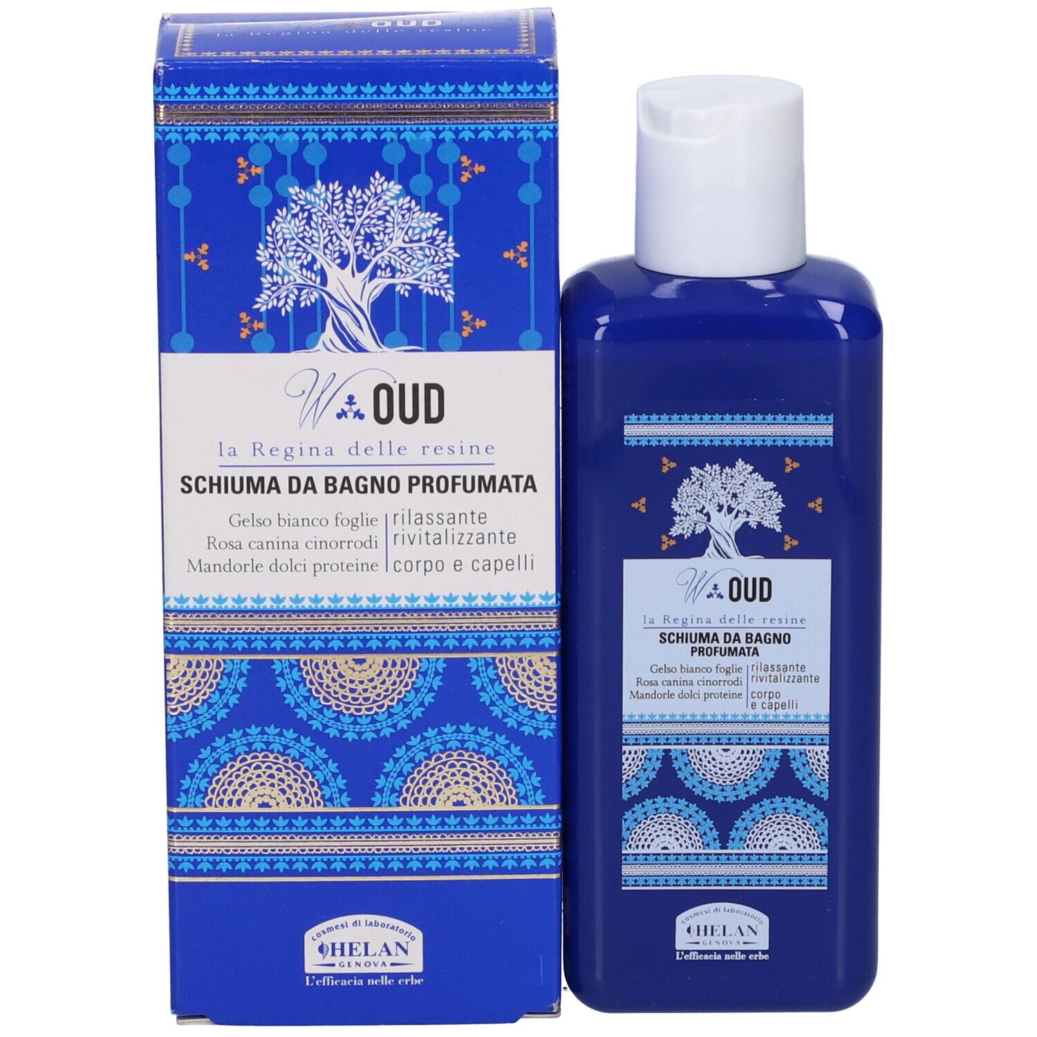 Flacone blu e scatola. Scritta: W Oud, Schiuma da Bagno Profumata. Motivi decorativi.