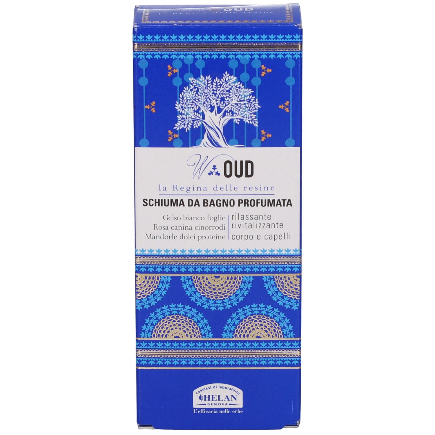 Scatola blu con scritta: W Oud, Schiuma da Bagno Profumata. Motivi decorativi.