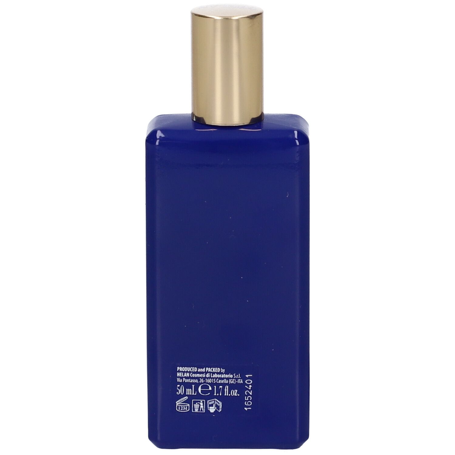 Retro del flacone blu con tappo dorato. Scritta: 50 ml e 1.7 fl.oz. Marchio: Helan.