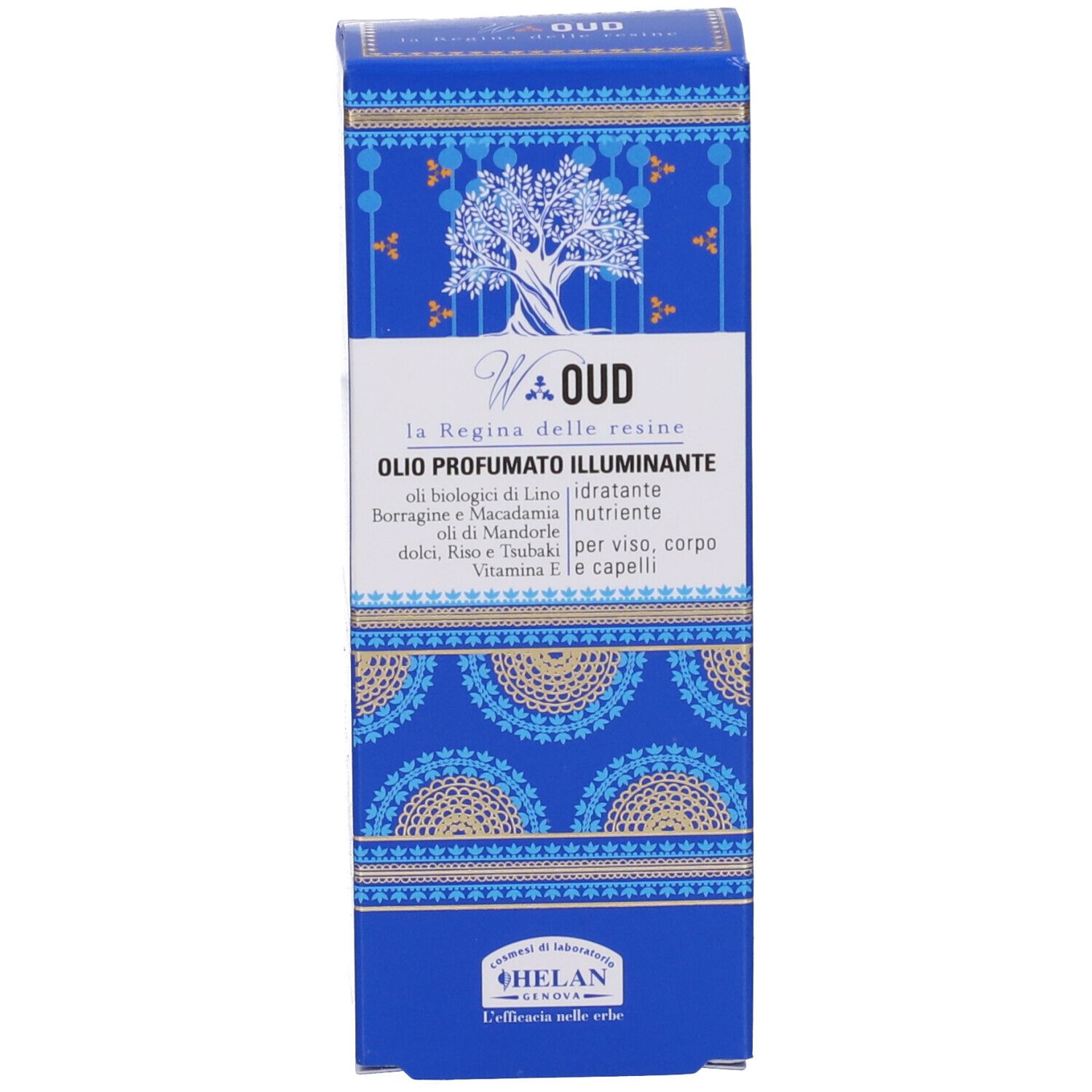 Confezione blu del prodotto con nome e marchio Helan. Testo: OLIOPROFUMATO ILLUMINANTE.