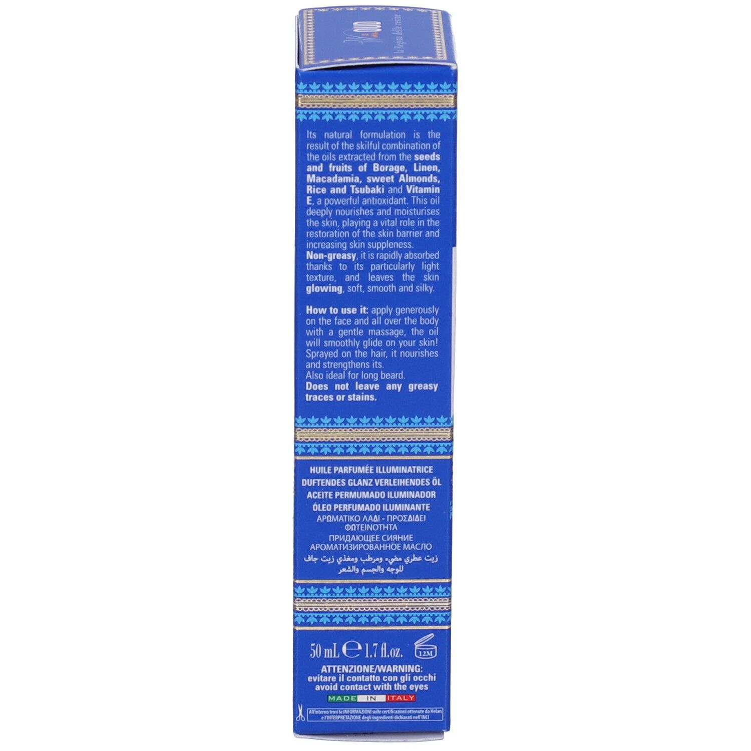 Confezione blu del prodotto con testo. Testo: 50 ml e 1.7 fl.oz. Marchio: Helan. Prodotto in Italia.