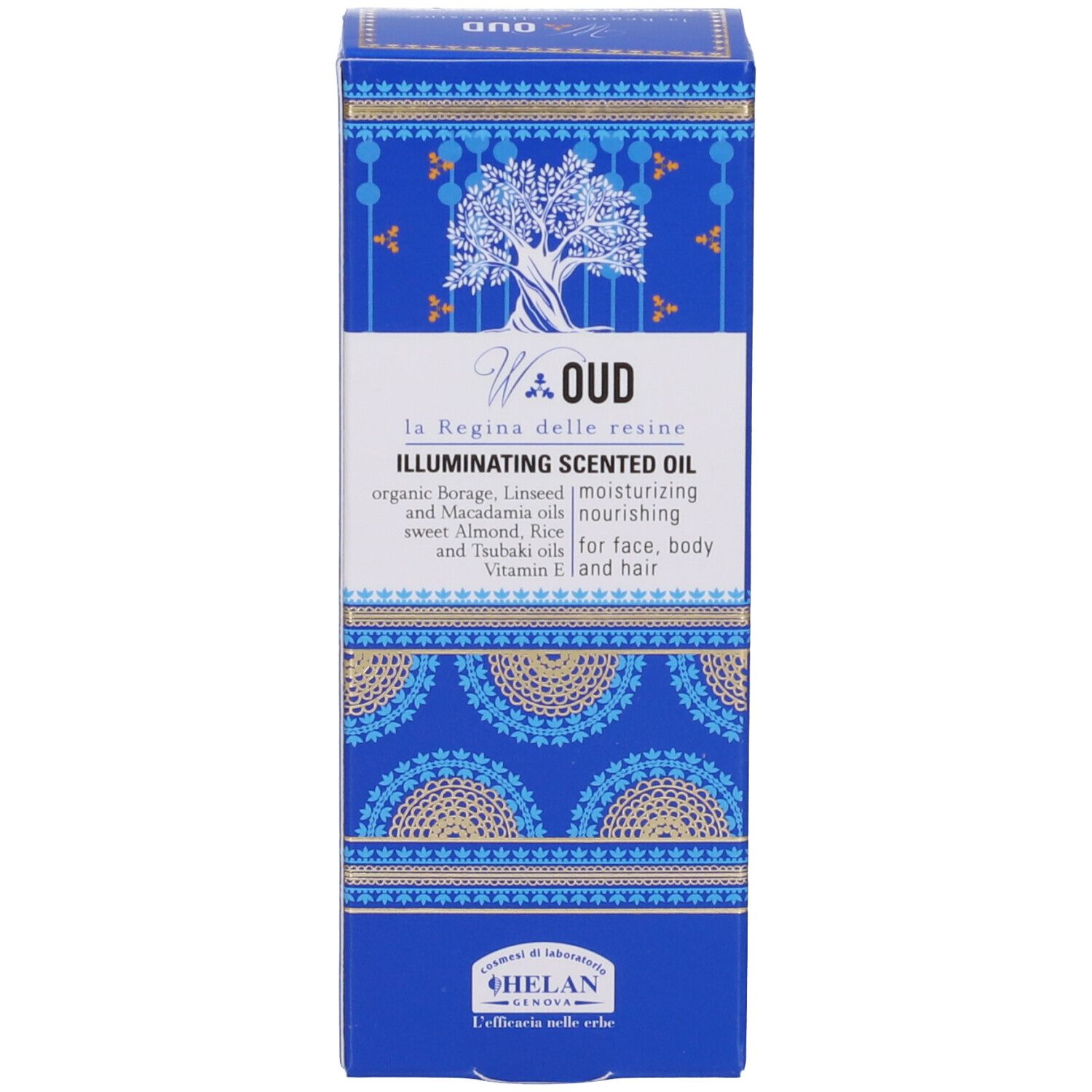 Confezione blu del prodotto con nome e marchio Helan. Testo: ILLUMINATING SCENTED OIL.