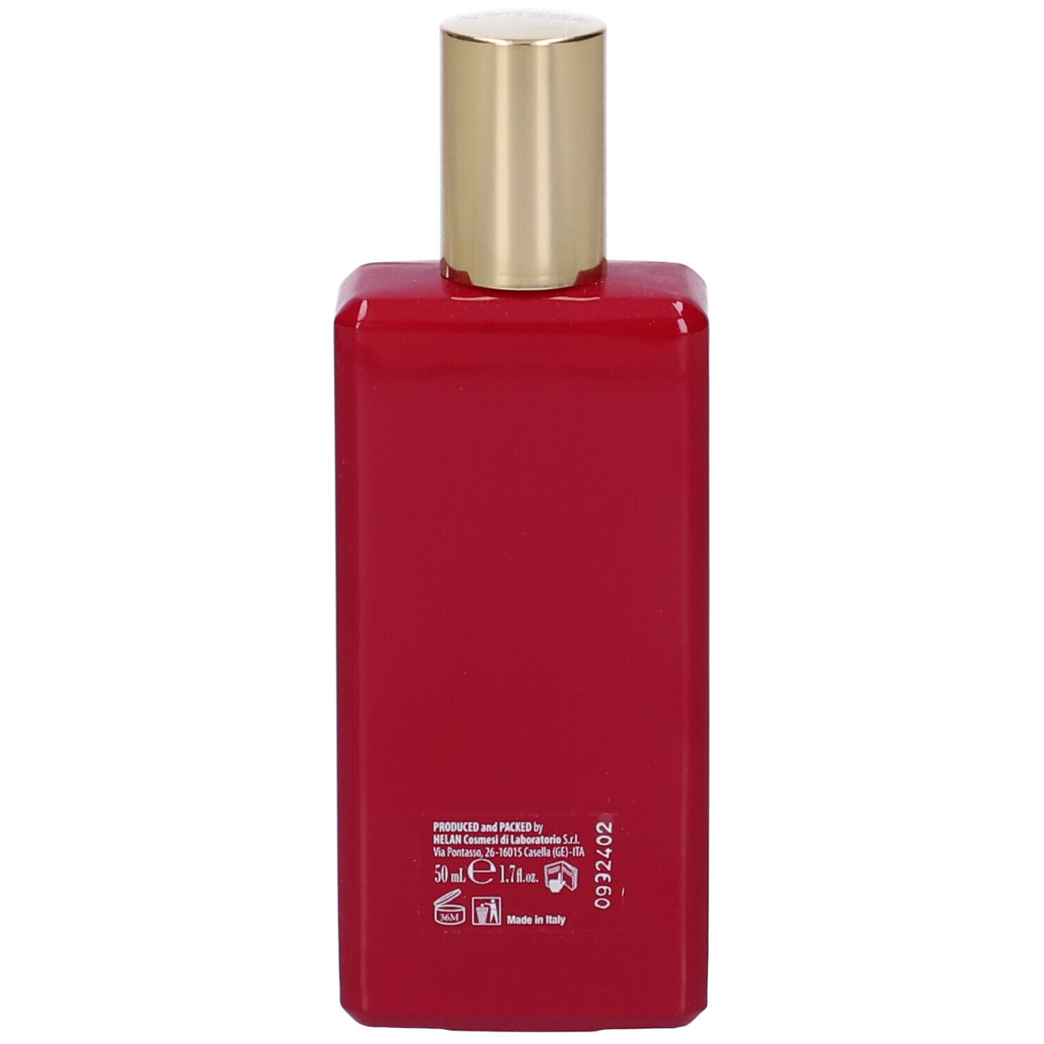 Flacone rosso rettangolare. Scritte e informazioni sul retro. Tappo dorato.