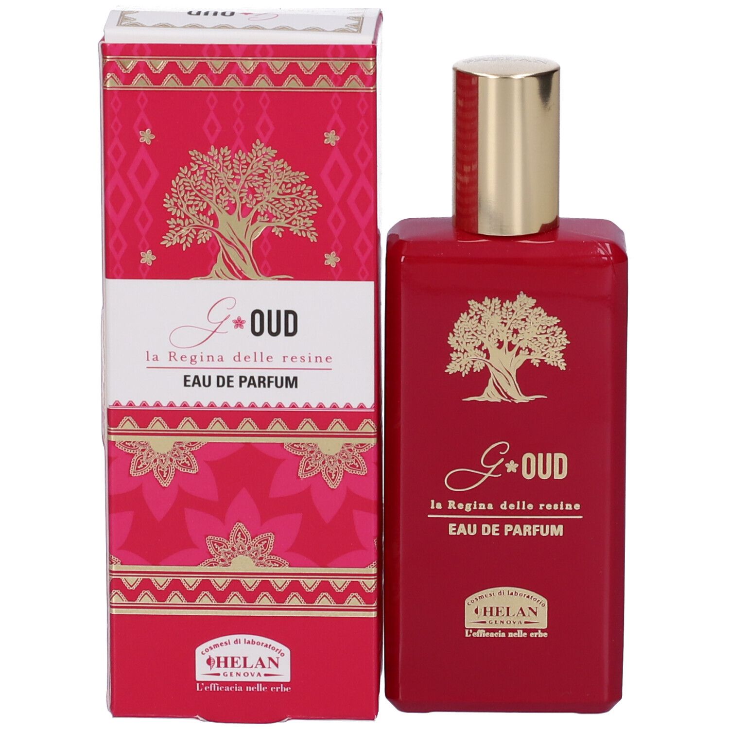 Flacone e confezione rettangolari rossi. Scritta G*OUD, Eau de Parfum. Logo albero. Tappo dorato.