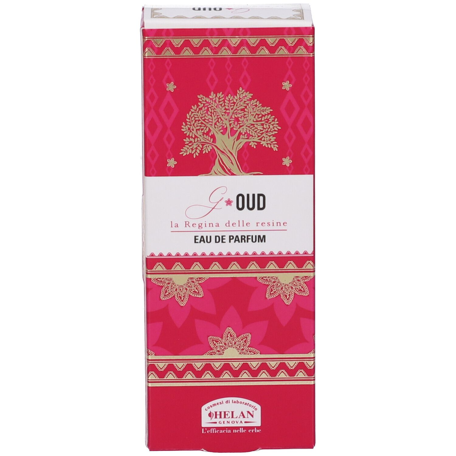 Confezione rettangolare rossa. Scritta G*OUD, Eau de Parfum. Logo albero. Sfondo bianco.