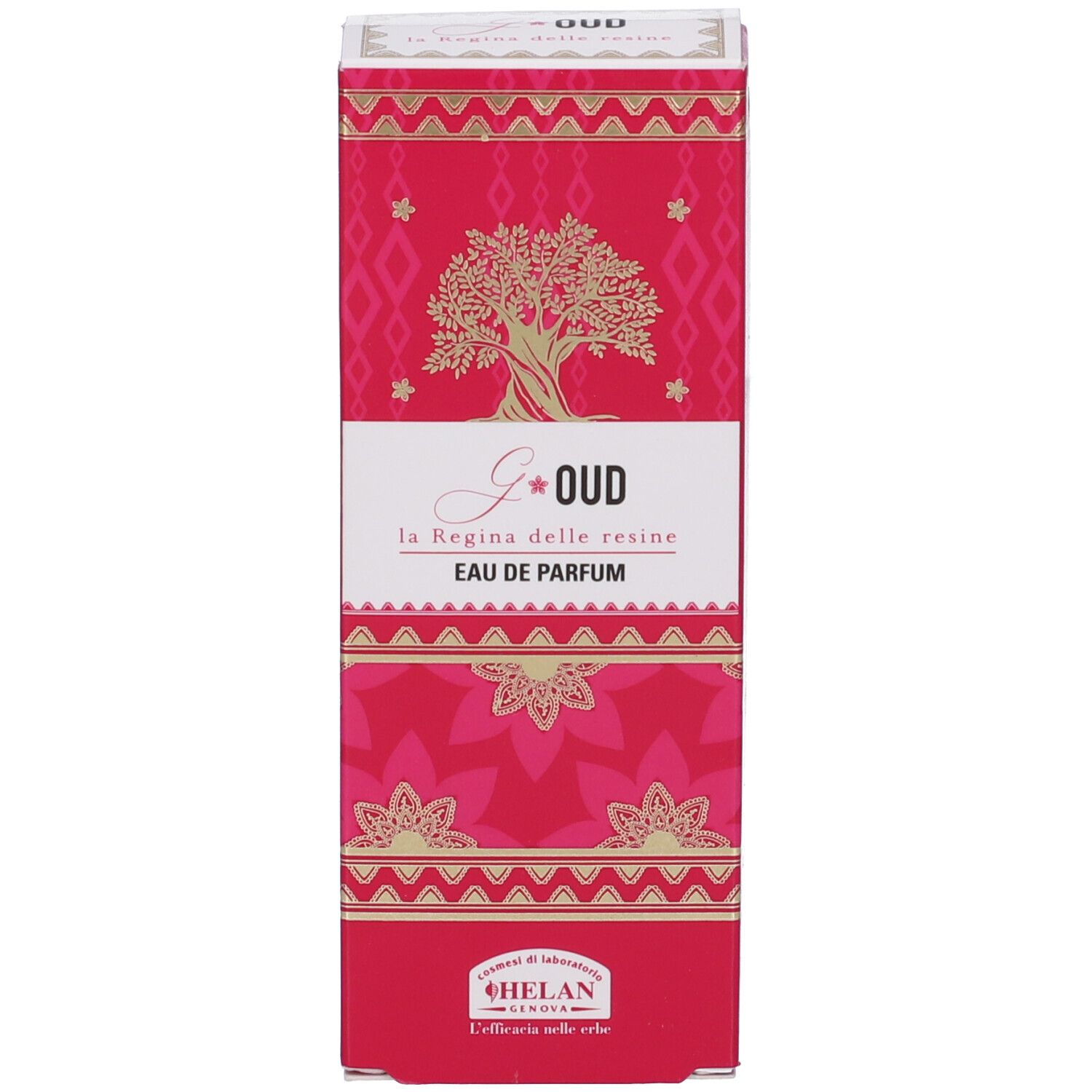 Confezione rossa con testo e illustrazioni. Scritta G*OUD, Eau de Parfum. Logo albero. Sfondo bianco.