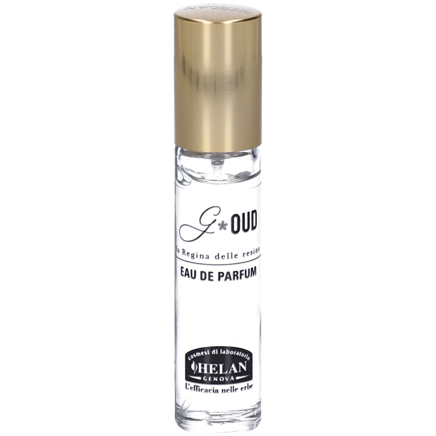 Flacone di profumo con tappo dorato. Scritta: G*OUD, Eau de Parfum. Marchio: HELAN.