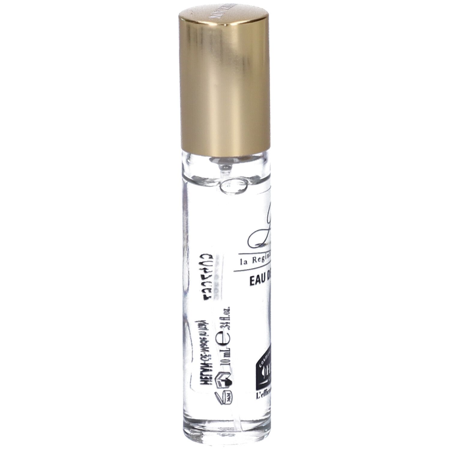 Flacone di profumo con tappo dorato. Scritta: G*OUD, Eau de Parfum. Marchio: HELAN.