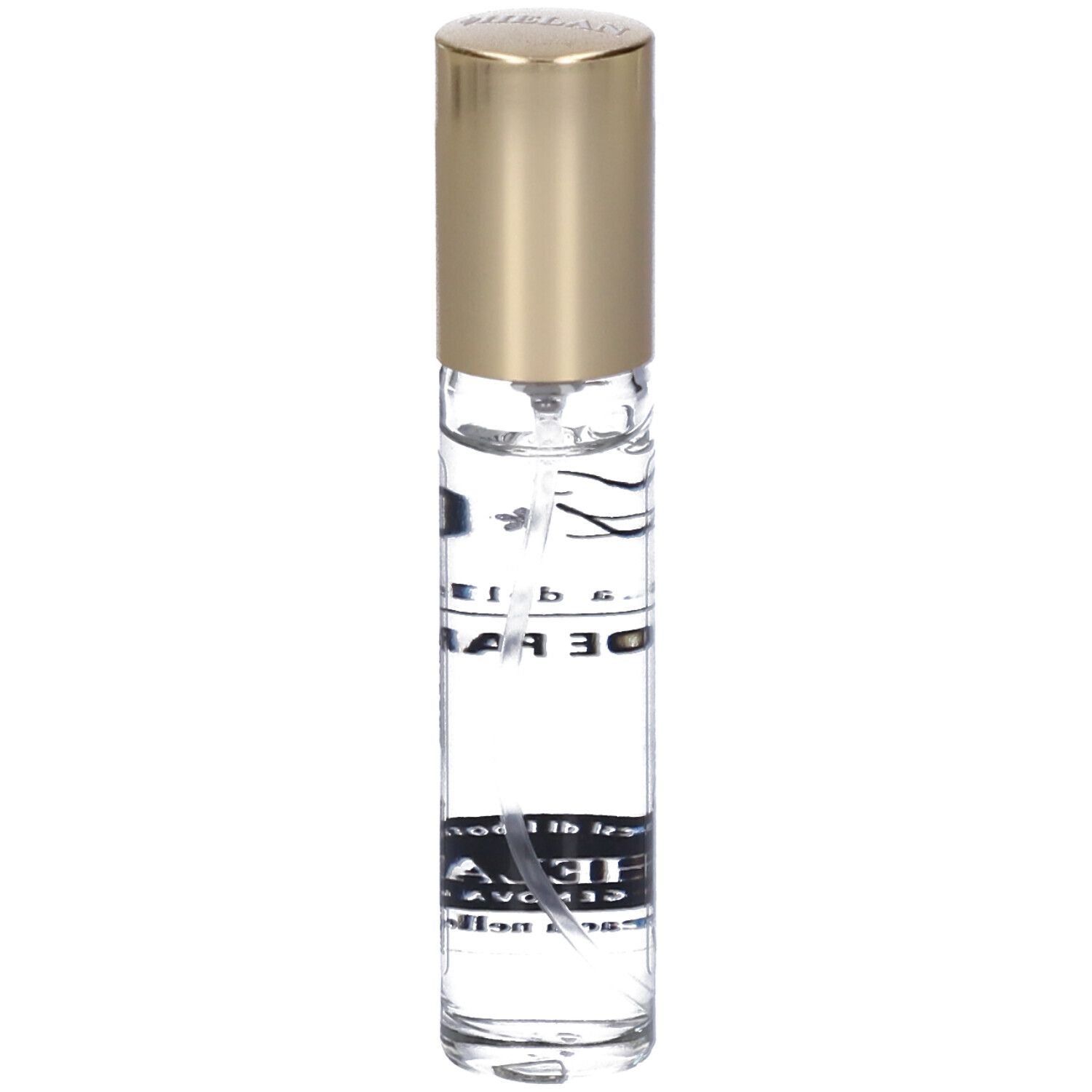 Flacone di profumo con tappo dorato. Scritta: G*OUD, Eau de Parfum. Marchio: HELAN.