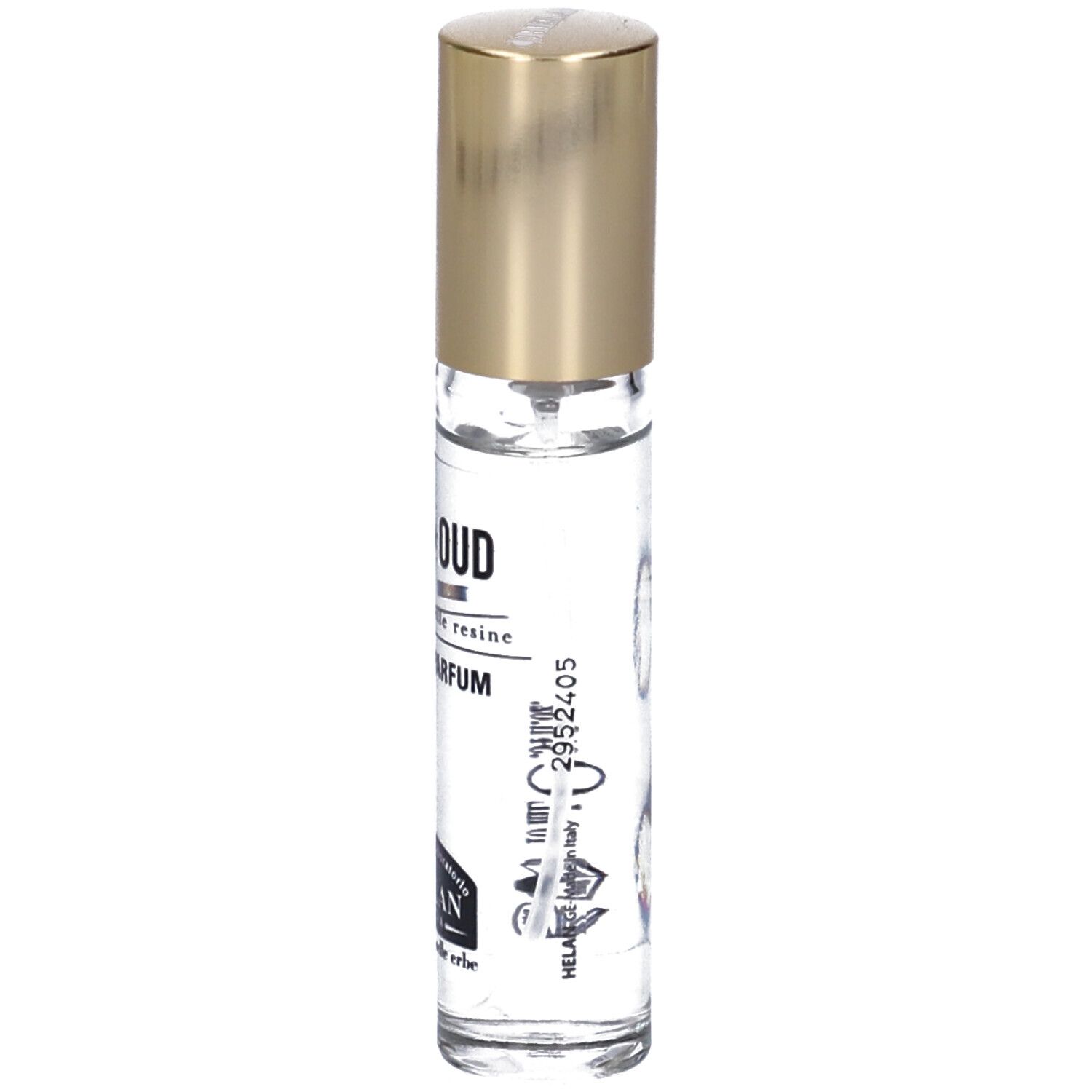 Flacone di profumo con tappo dorato. Scritta: G*OUD, Eau de Parfum. Marchio: HELAN.
