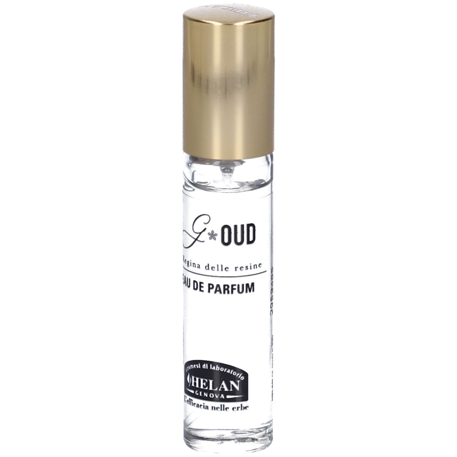 Flacone di profumo con tappo dorato. Scritta: G*OUD, Eau de Parfum. Marchio: HELAN.