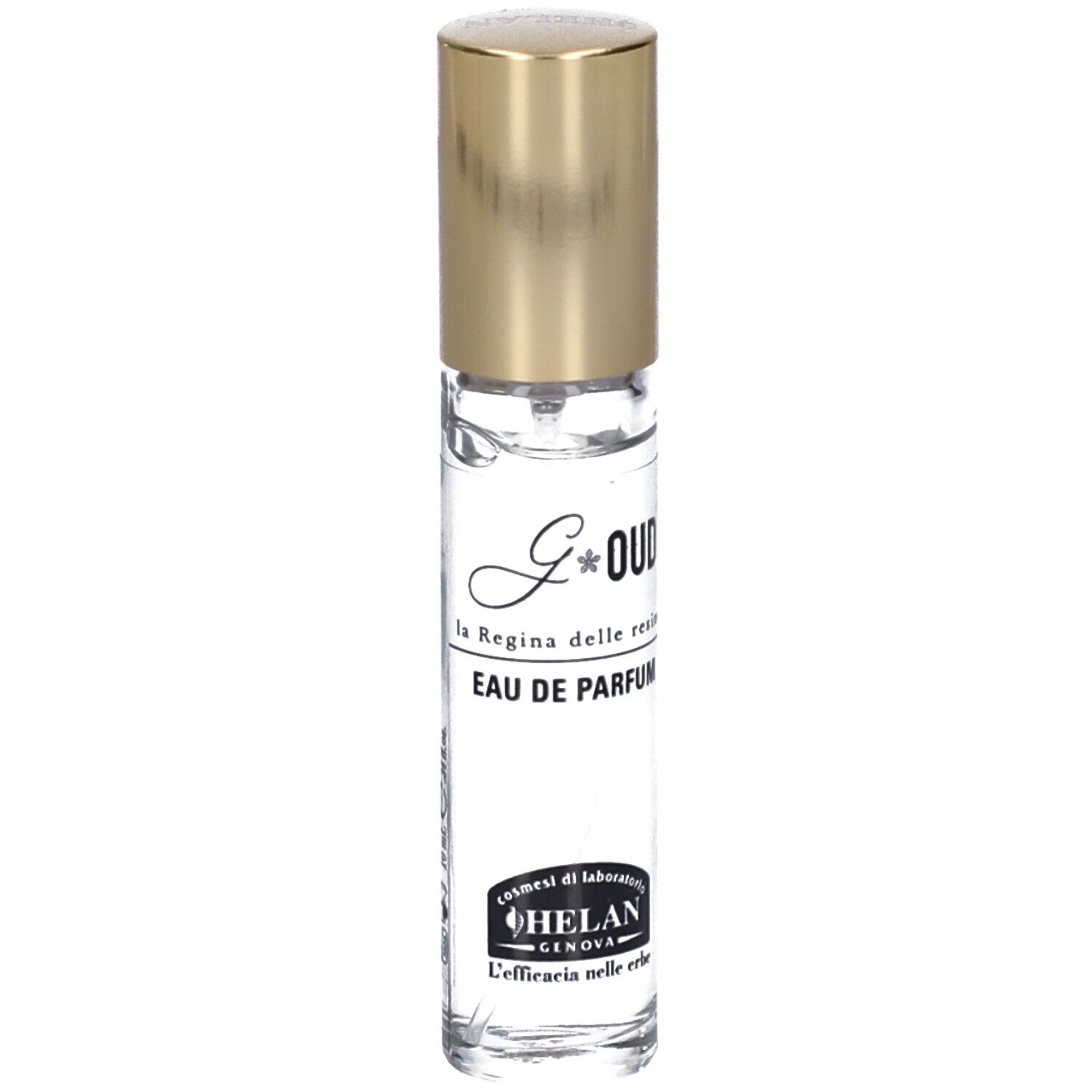 Flacone di profumo con tappo dorato. Scritta: G*OUD, Eau de Parfum. Marchio: HELAN.