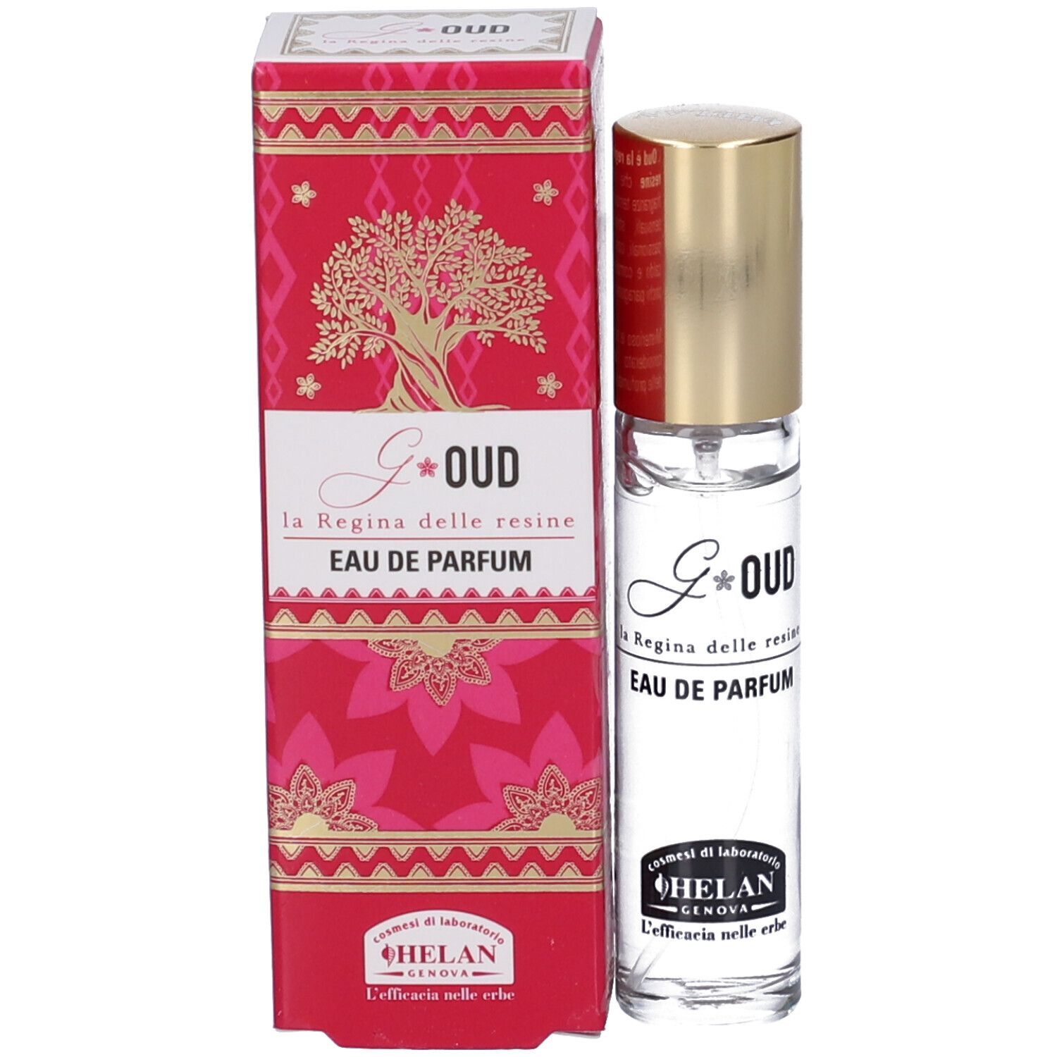 Flacone di profumo con tappo dorato. Scritta: G*OUD, Eau de Parfum. Marchio: HELAN. Con confezione.