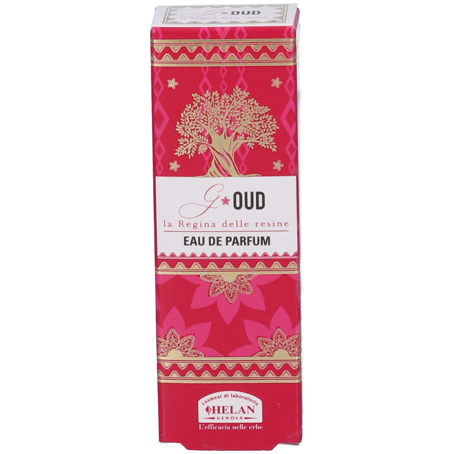 Confezione di profumo. Scritta: G*OUD, Eau de Parfum. Marchio: HELAN. Sfondo rosa.