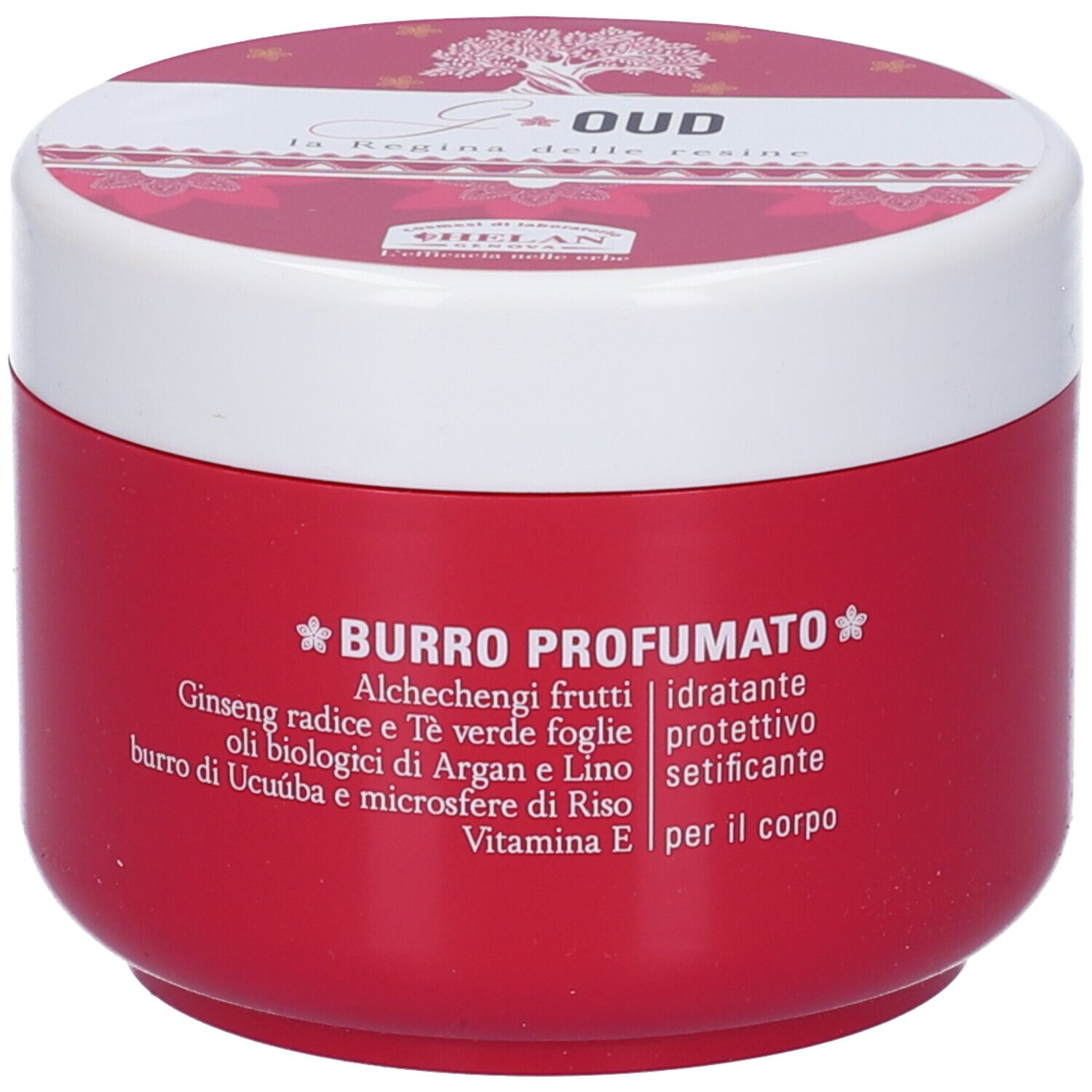 Vasetto rosso con coperchio bianco. Scritta: Burro Profumato. Ingredienti e marchio Helan.
