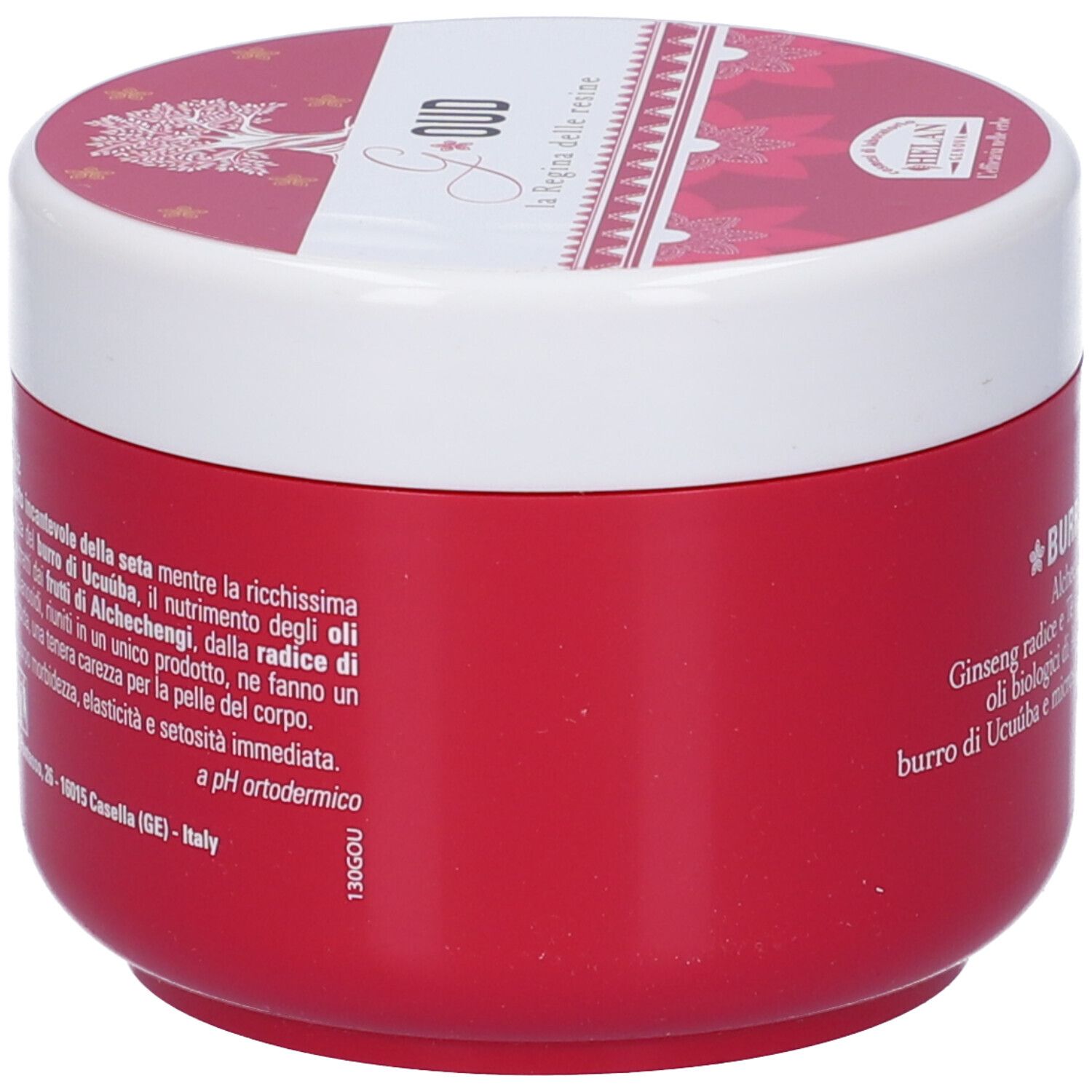 Vasetto rosso con coperchio bianco. Scritta: Burro Profumato. Ingredienti e marchio Helan.