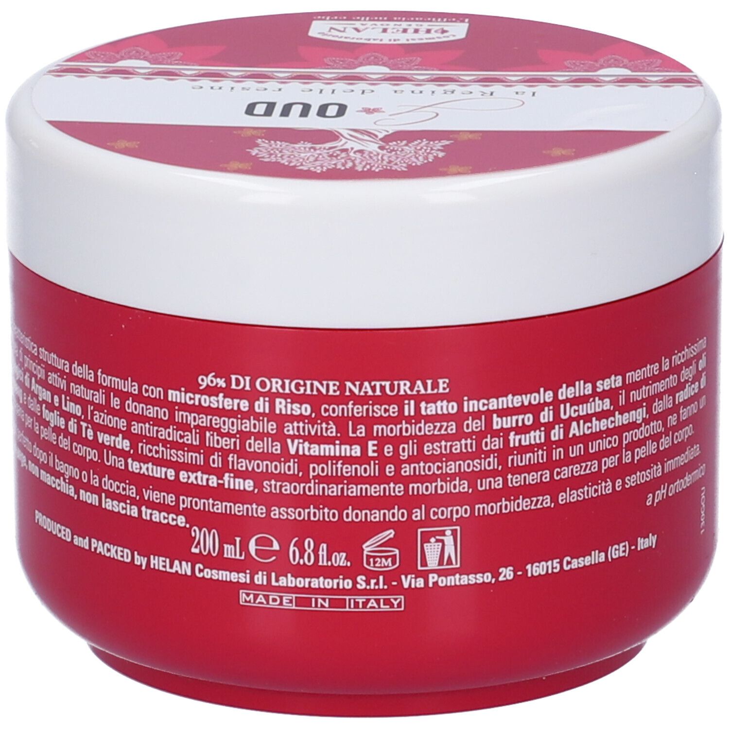 Vasetto rosso con coperchio bianco. Scritta: Burro Profumato. Ingredienti e marchio Helan.