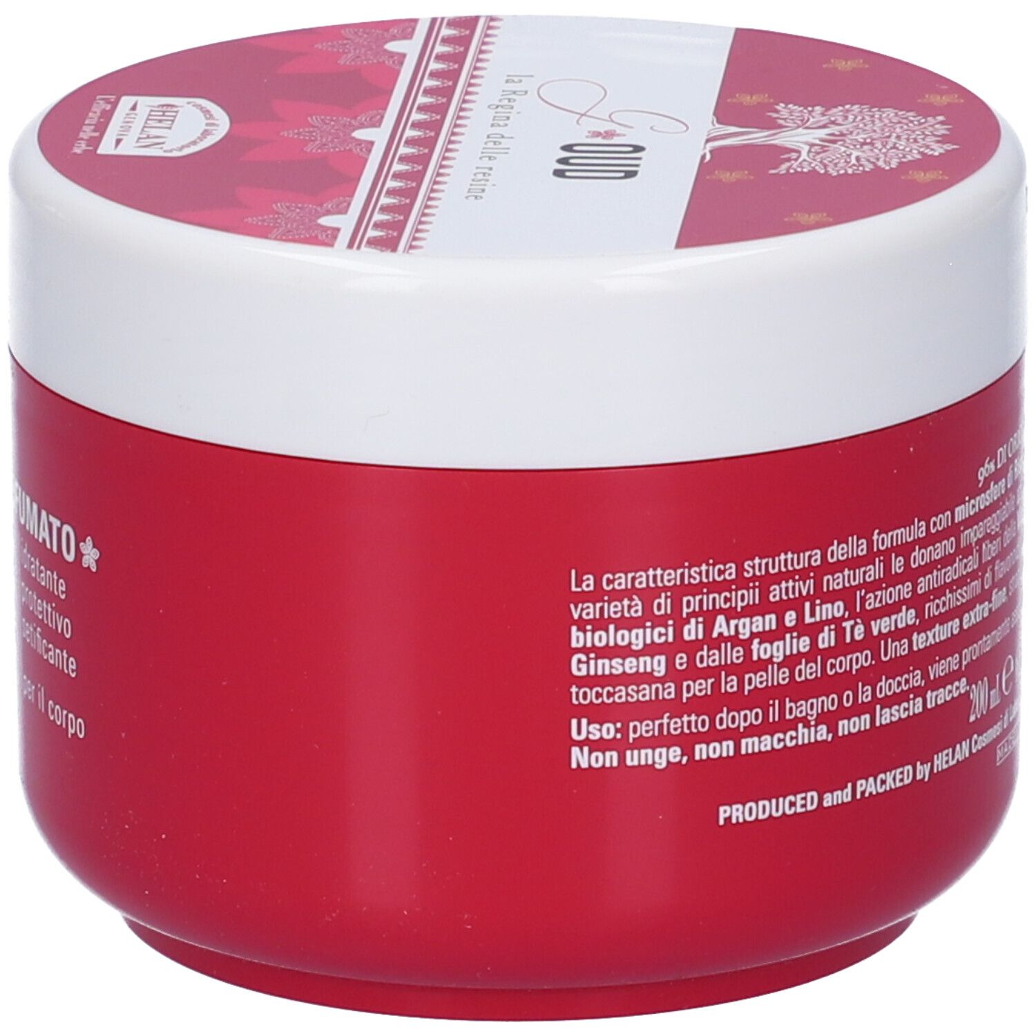 Vasetto rosso con coperchio bianco. Scritta: Burro Profumato. Ingredienti e marchio Helan.