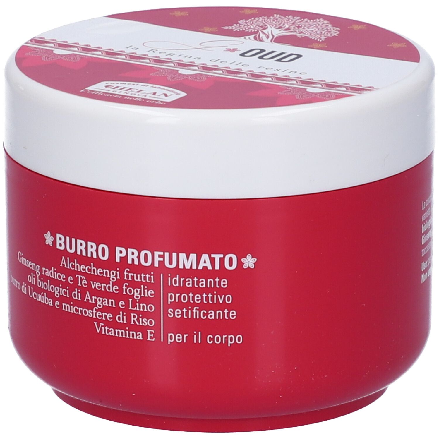 Vasetto rosso con coperchio bianco. Scritta: Burro Profumato. Ingredienti e marchio Helan.