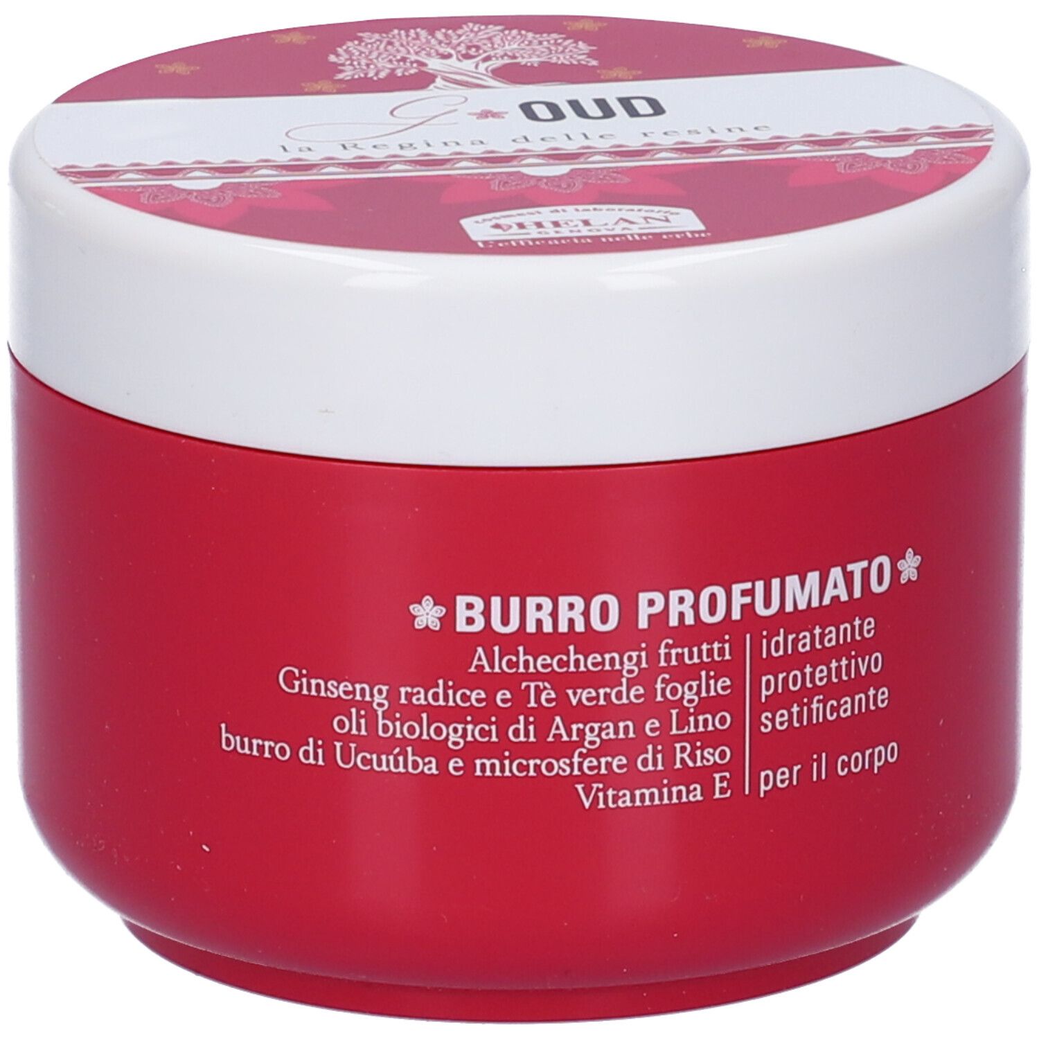 Vasetto rosso con coperchio bianco. Scritta: Burro Profumato. Ingredienti e marchio Helan.