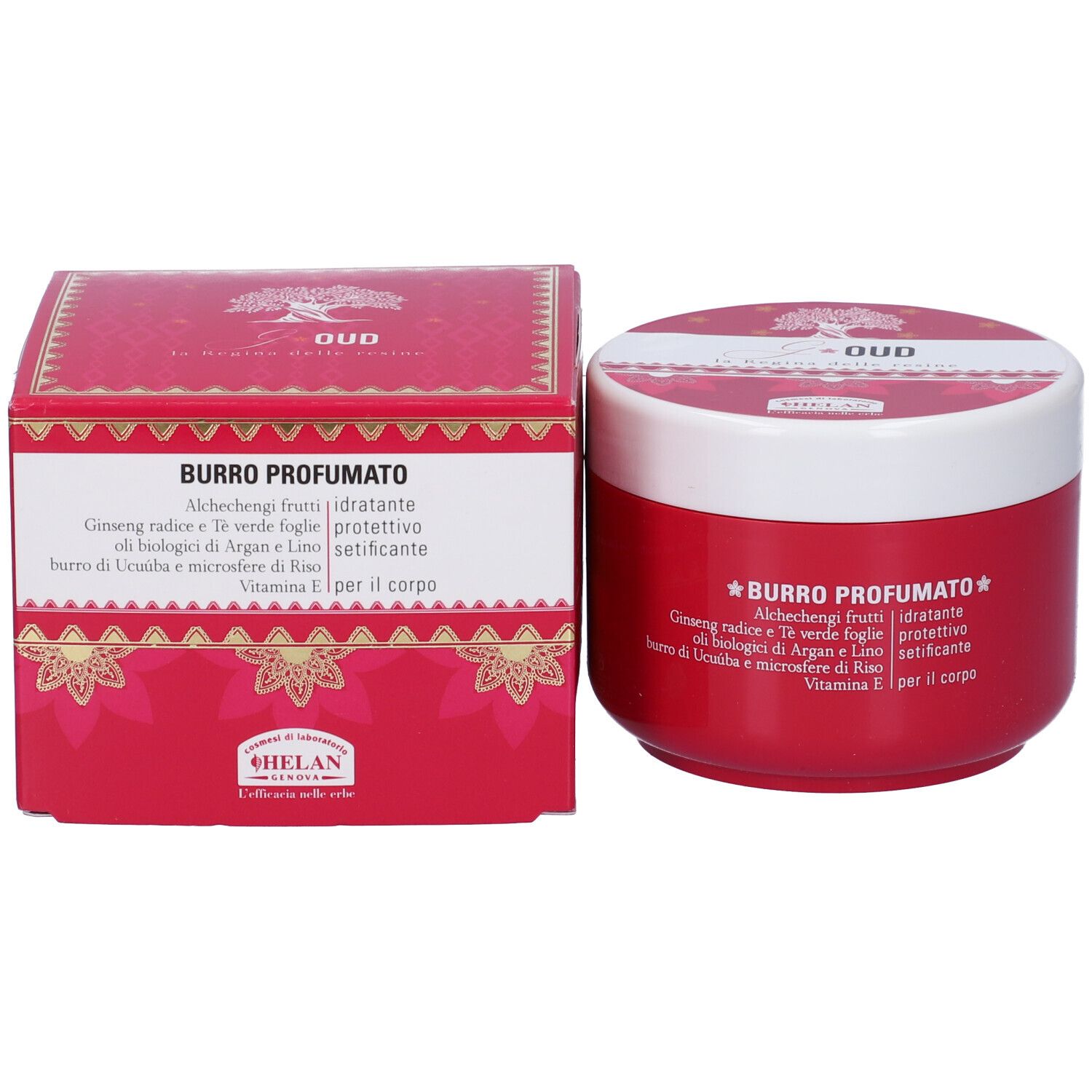 Scatola e vasetto rossi con coperchio bianco. Scritta: Burro Profumato. Marchio: Helan.