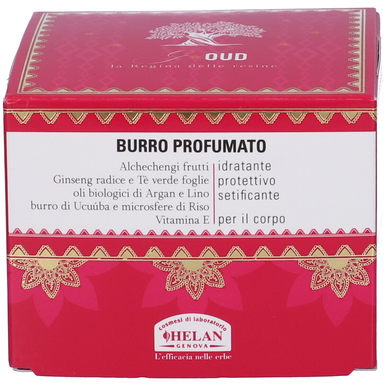 Scatola rossa. Scritta: Burro Profumato. Marchio: Helan. Ingredienti e logo.