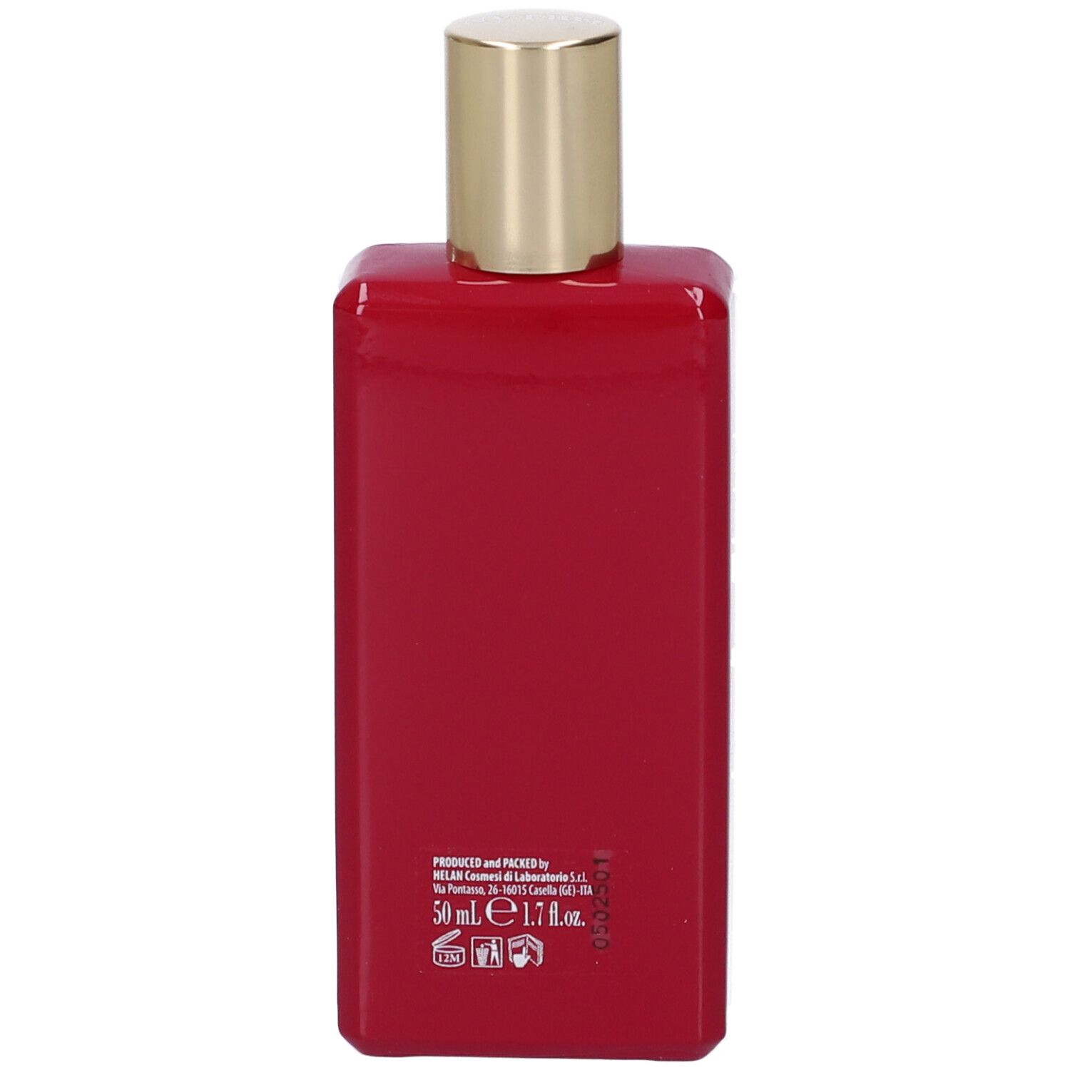 Retro del flacone rosso con tappo dorato. Scritte e informazioni.