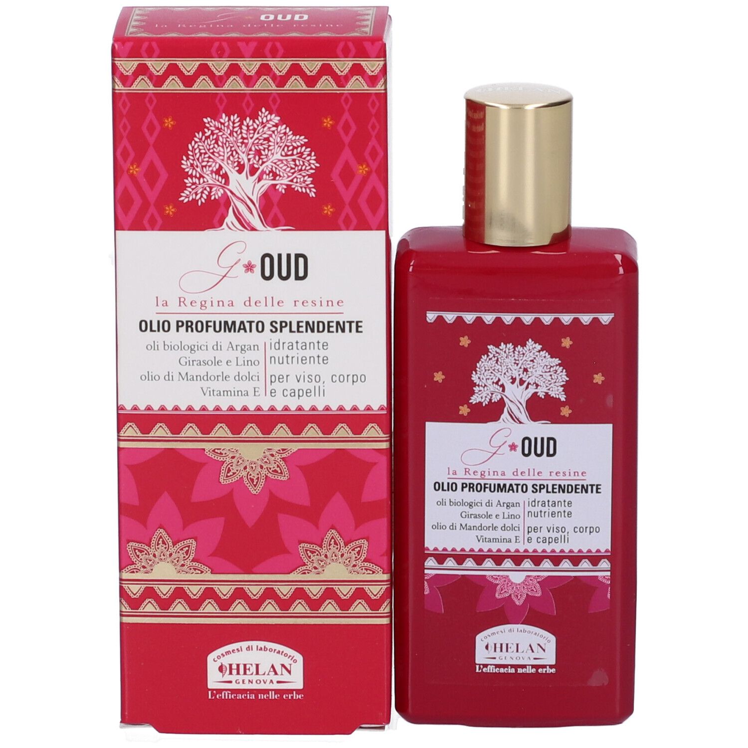Flacone e scatola rossi. Scritta: Oud Olio Profumato Splendente. Marchio: Helan. Confezione.