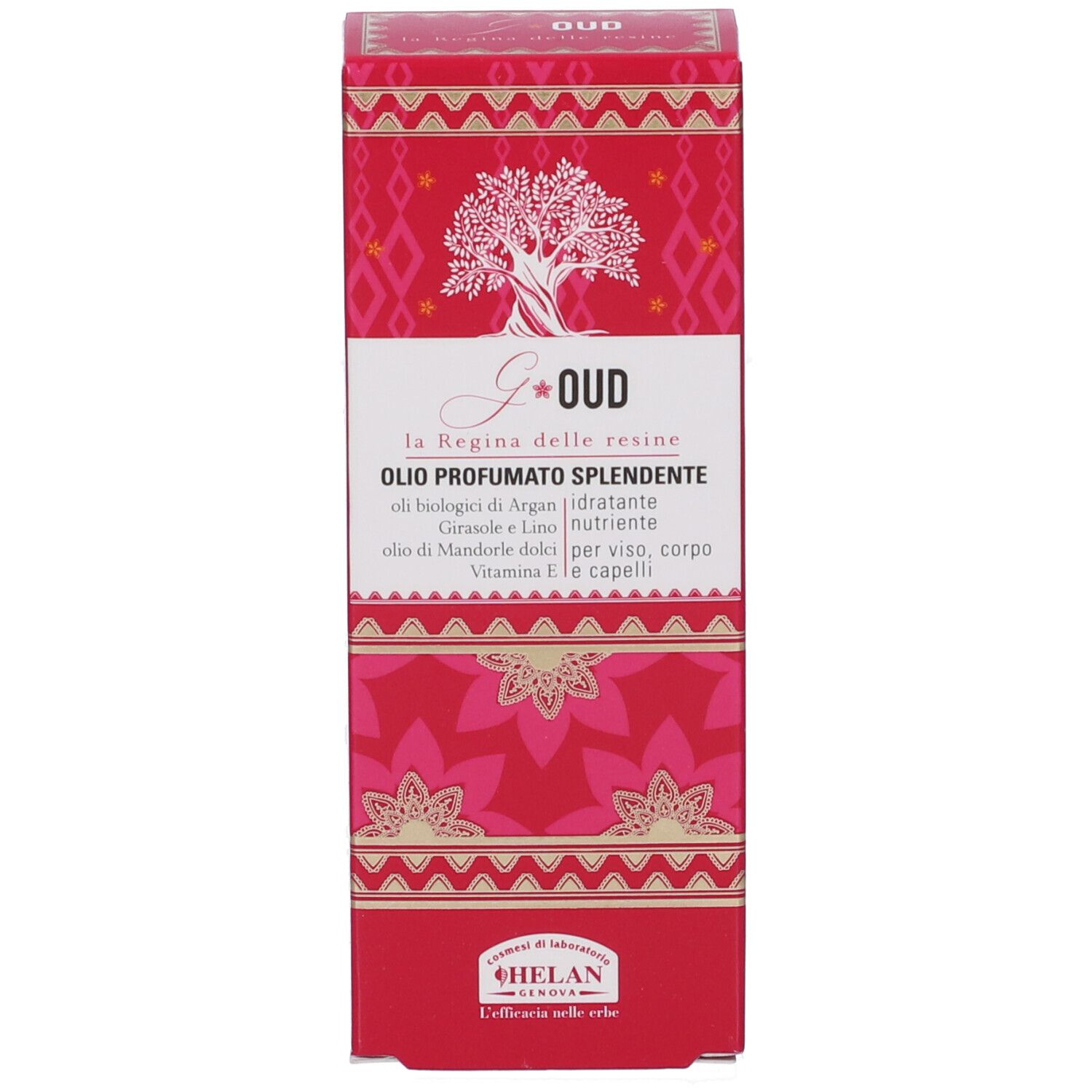 Scatola rossa con scritta: Oud Olio Profumato Splendente. Marchio: Helan. Confezione.
