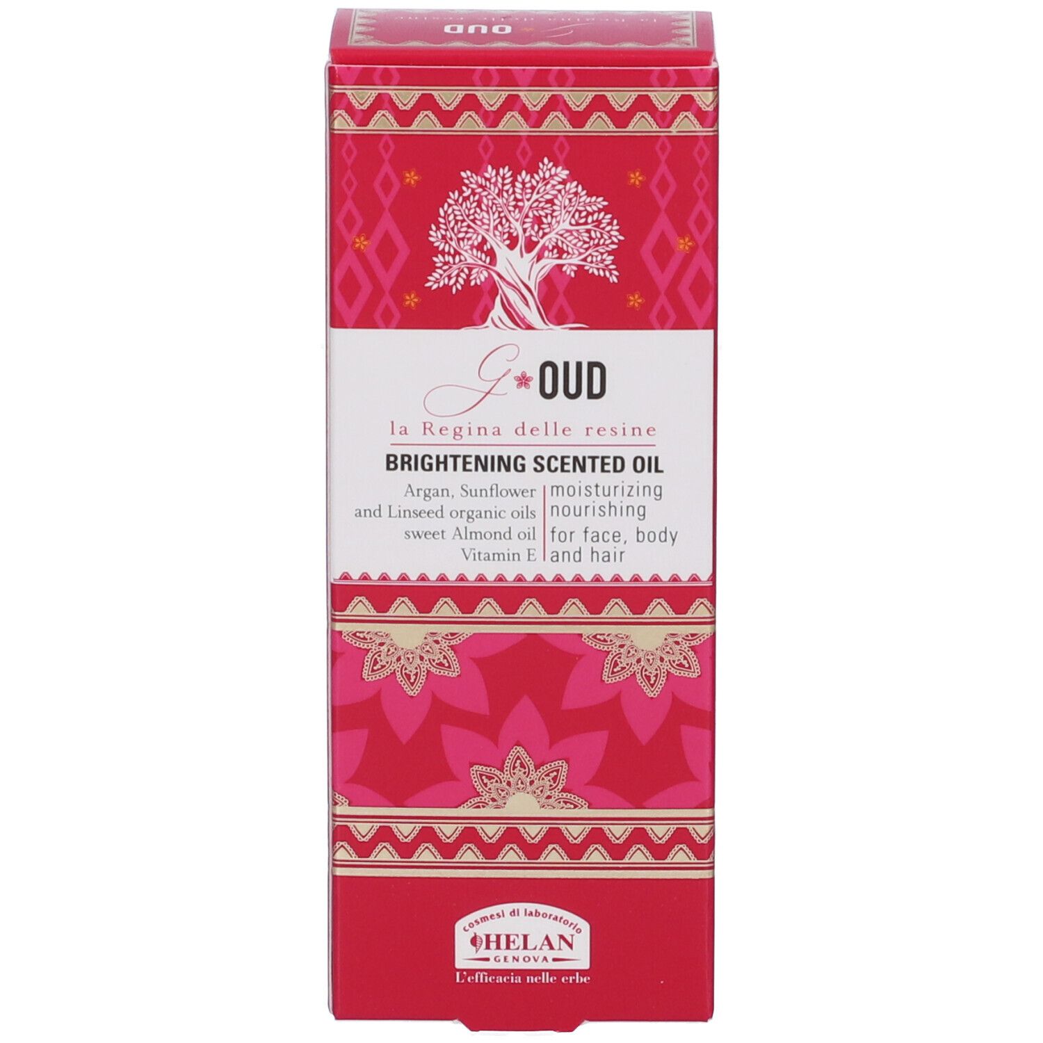 Scatola rossa con scritta: Brightening Scented Oil. Marchio: Helan. Confezione.