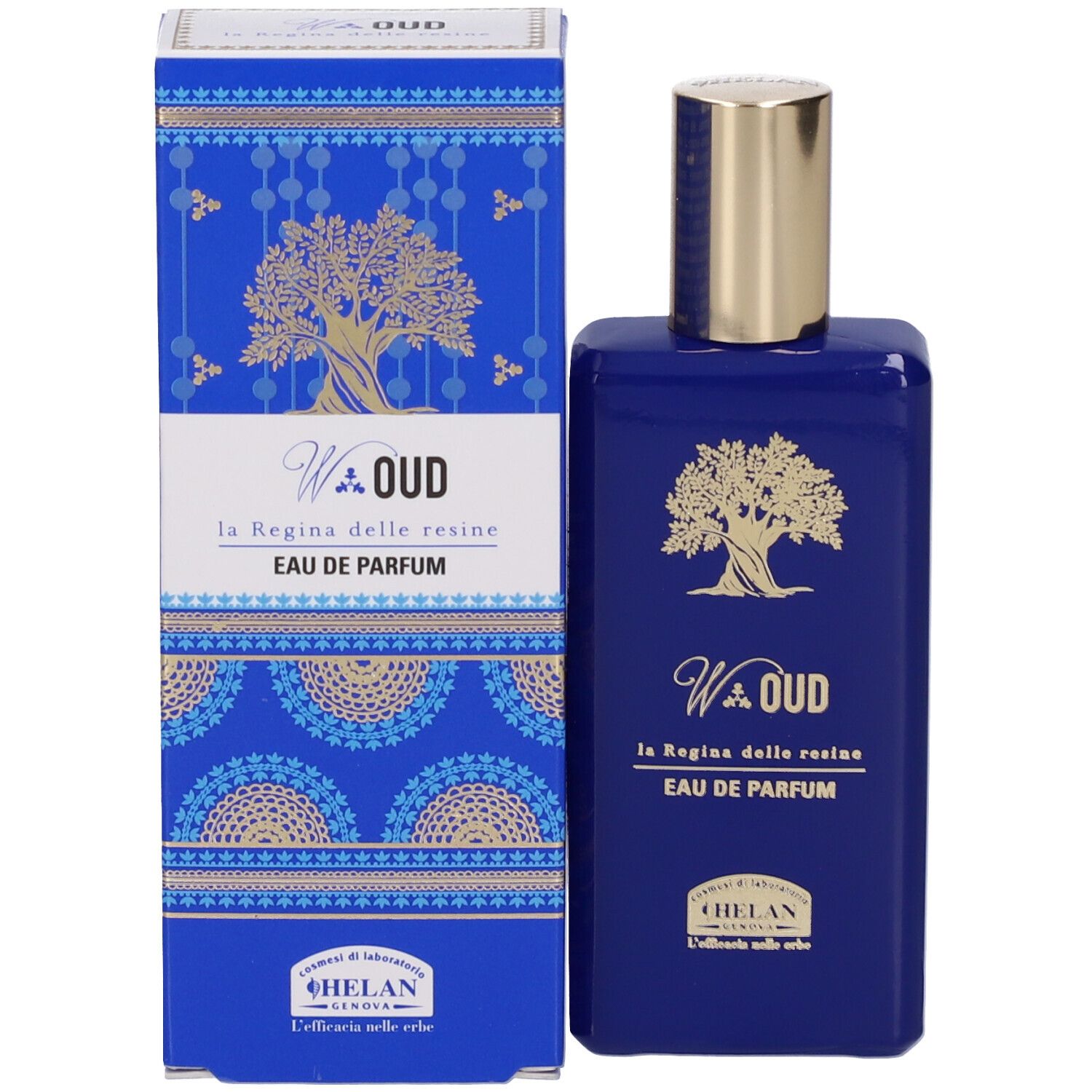 Eau de Parfum blu con tappo dorato e confezione. "W.OUD Eau de Parfum" è scritto sul flacone e sulla confezione.