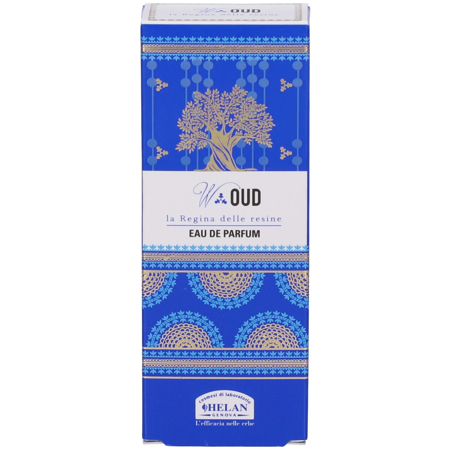 Confezione blu con decorazioni dorate. "W.OUD Eau de Parfum" è scritto sulla confezione.
