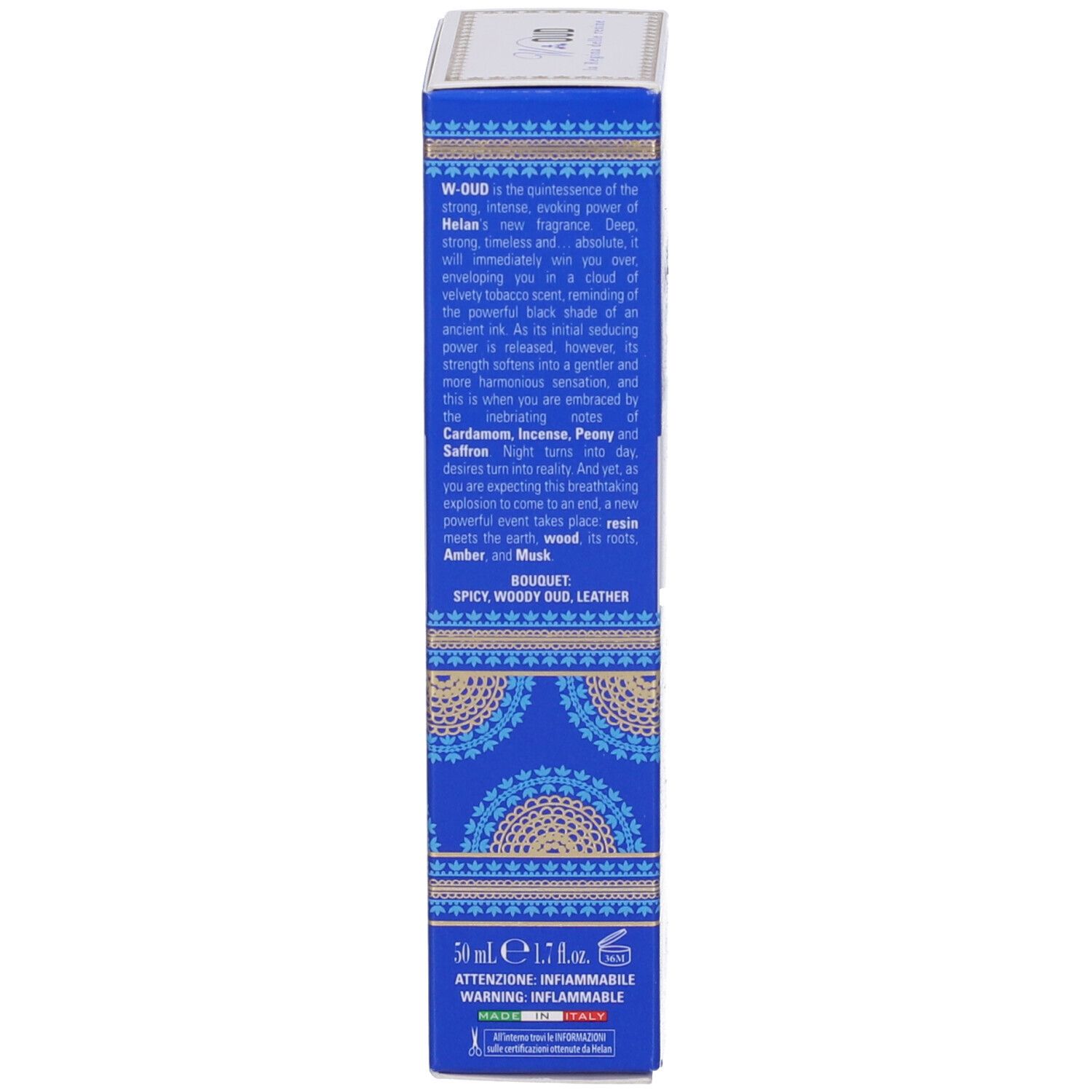 Confezione blu con testo. "W.OUD Eau de Parfum" è scritto. Il testo descrive note e ingredienti.