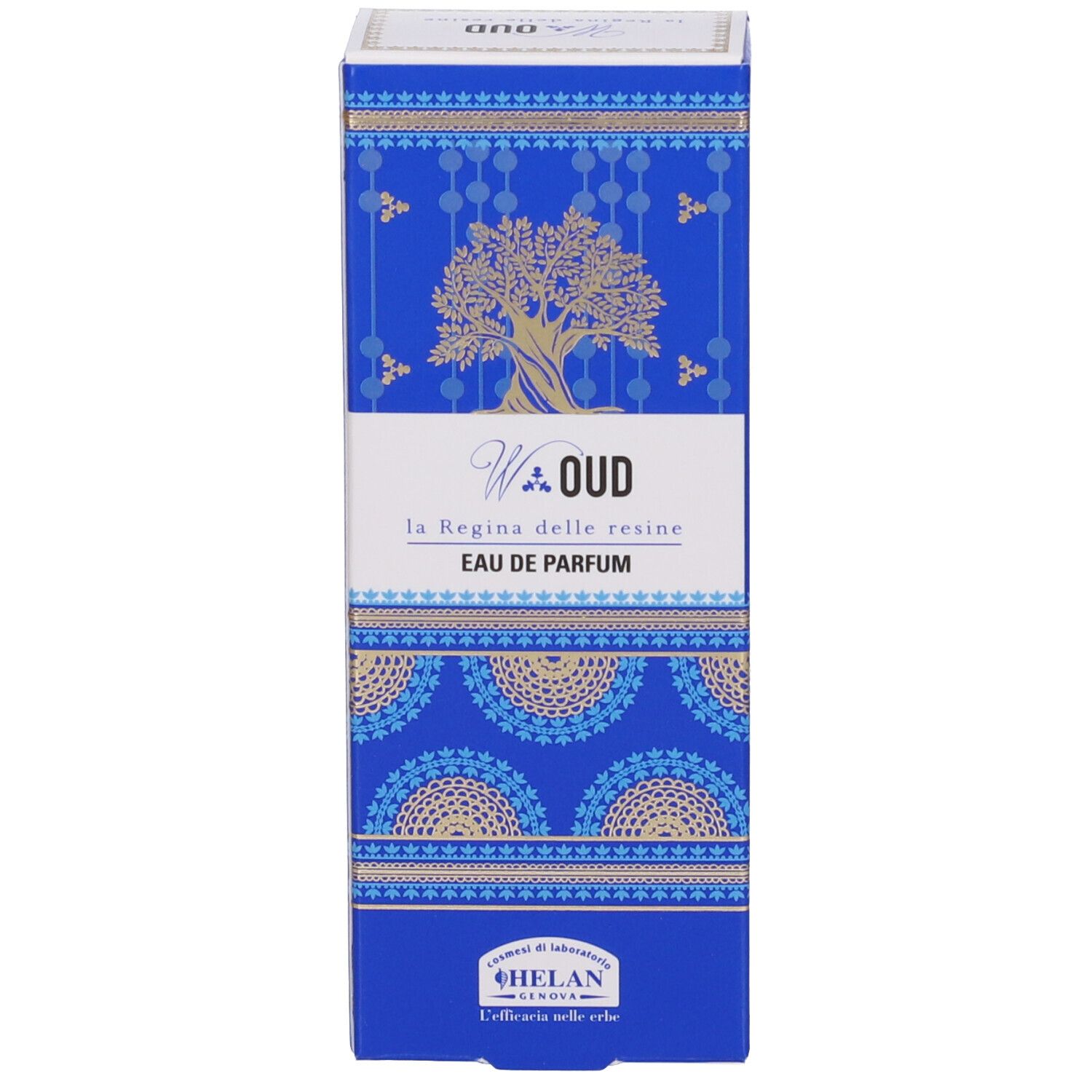 Confezione blu con decorazioni dorate. "W.OUD Eau de Parfum" è scritto sulla confezione.