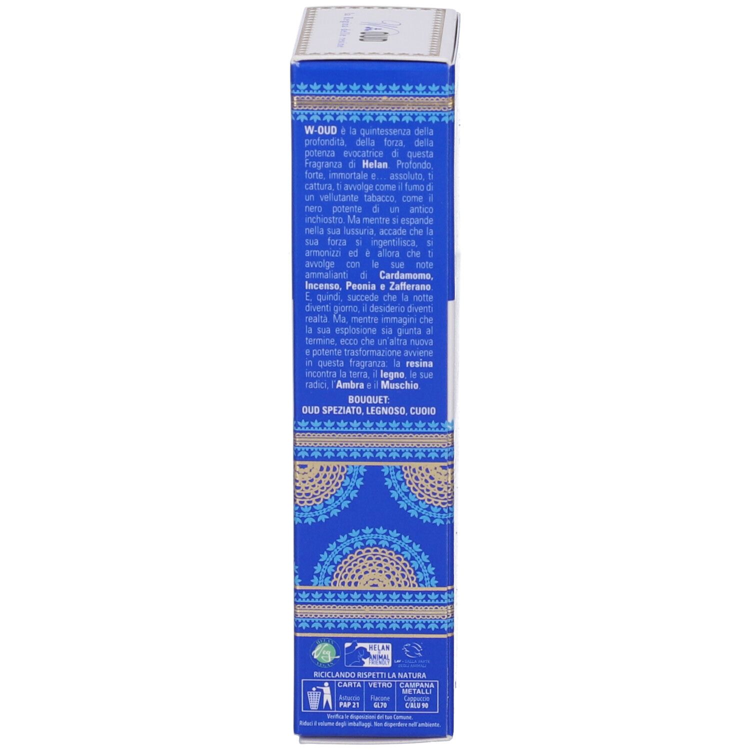 Confezione blu con testo. "W.OUD Eau de Parfum" è scritto. Il testo descrive note e ingredienti.