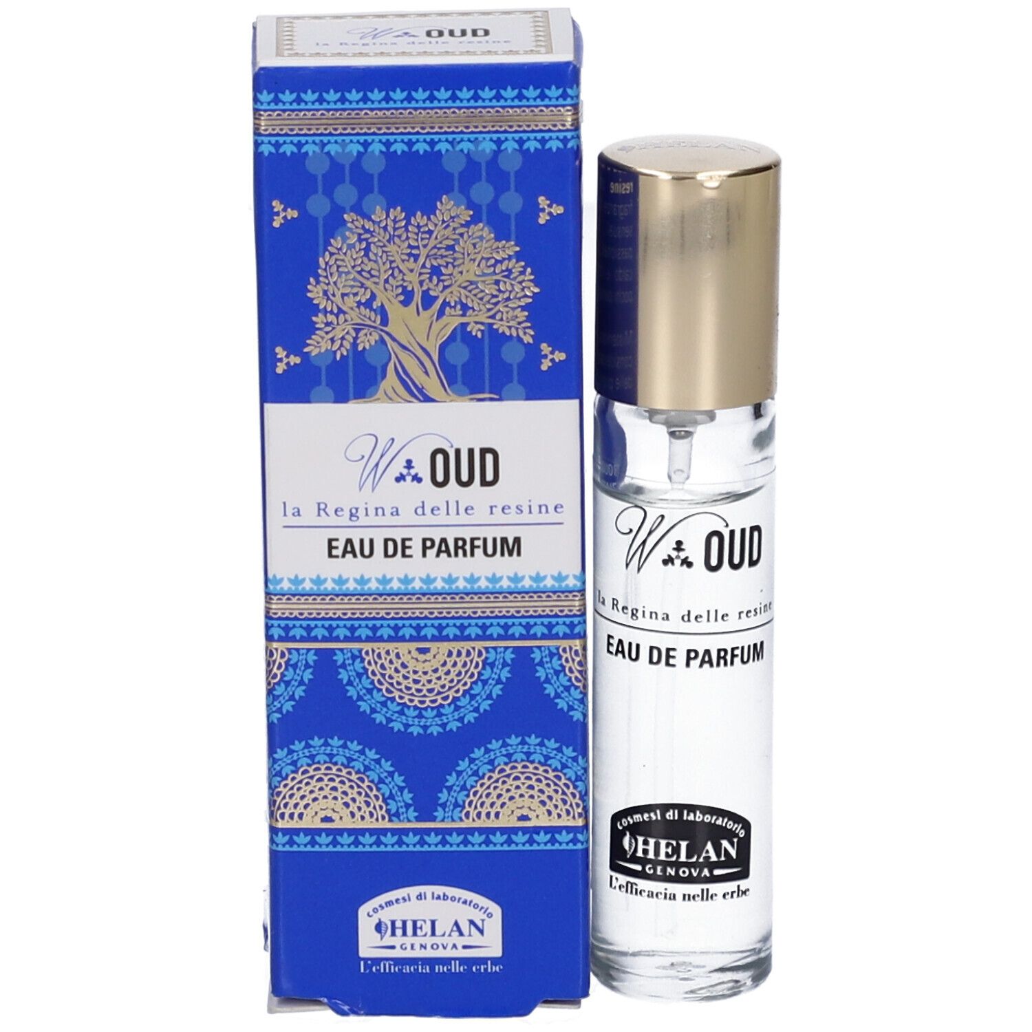 Flacone di profumo e scatola. Scatola blu con illustrazione di albero dorato. Scritto: W.OUD Eau de Parfum.