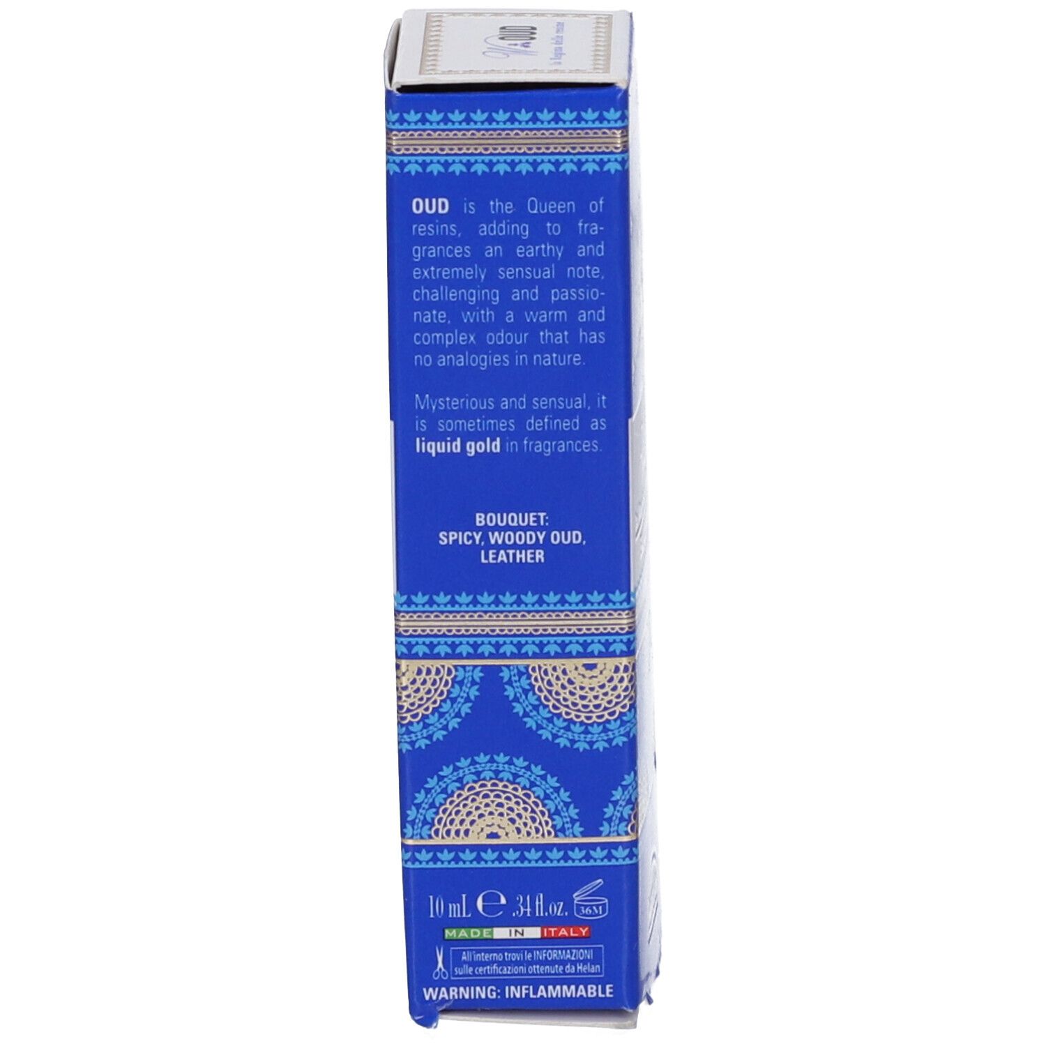 Scatola blu con testo. Scritto: OUD, descrizione, ingredienti, 10 ml, Made in Italy. Avvertenza: Infiammabile.