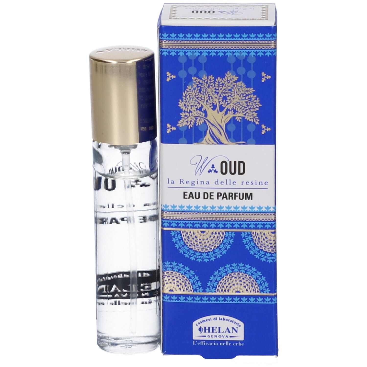 Flacone di profumo e scatola. Scatola blu con illustrazione di albero dorato. Scritto: W.OUD Eau de Parfum.