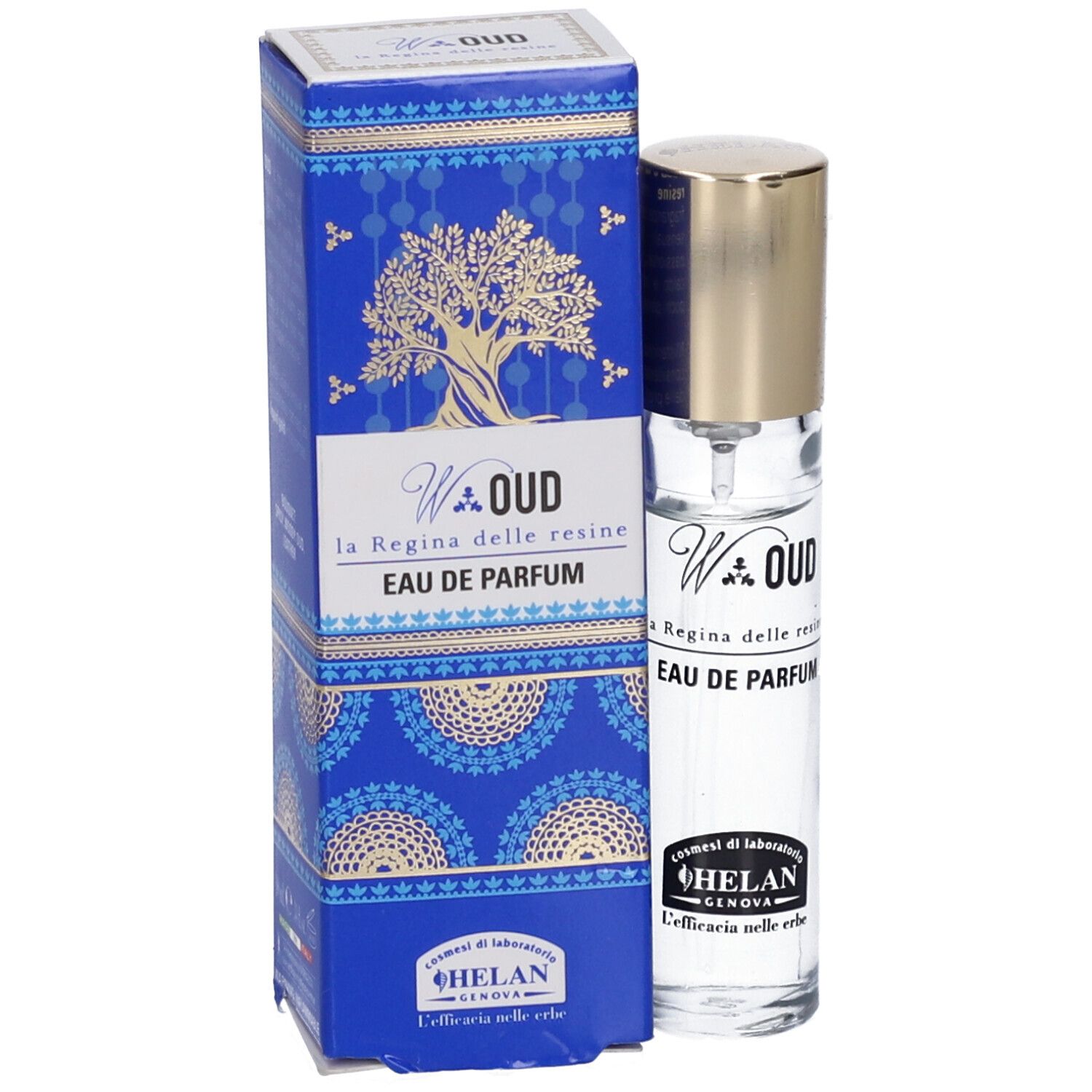 Flacone di profumo e scatola. Scatola blu con illustrazione di albero dorato. Scritto: W.OUD Eau de Parfum.
