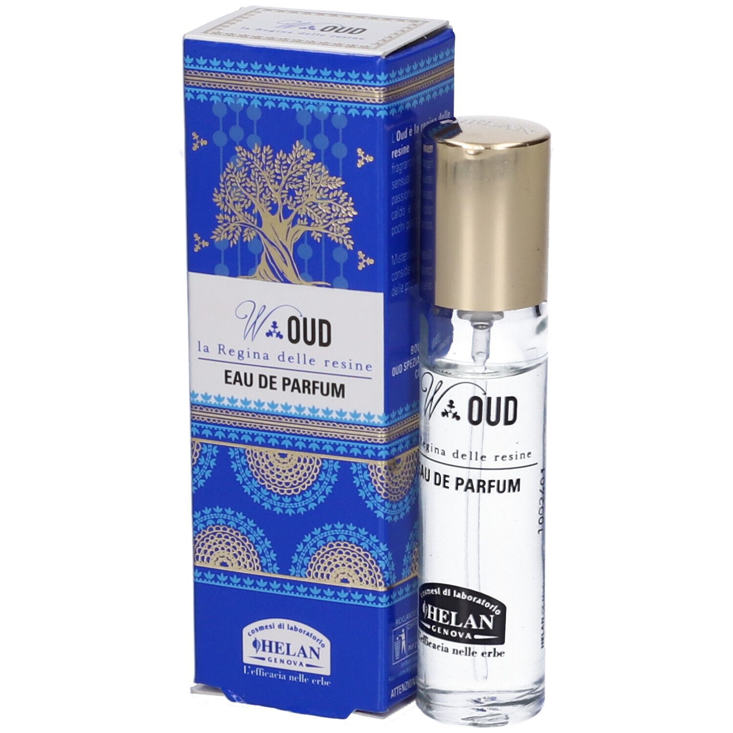 Flacone di profumo e scatola. Scatola blu con illustrazione di albero dorato. Scritto: W.OUD Eau de Parfum.