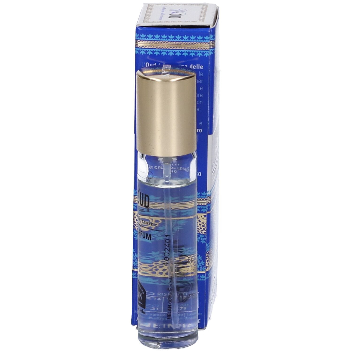 Flacone di profumo e scatola. Scatola blu con illustrazione di albero dorato. Scritto: W.OUD Eau de Parfum.