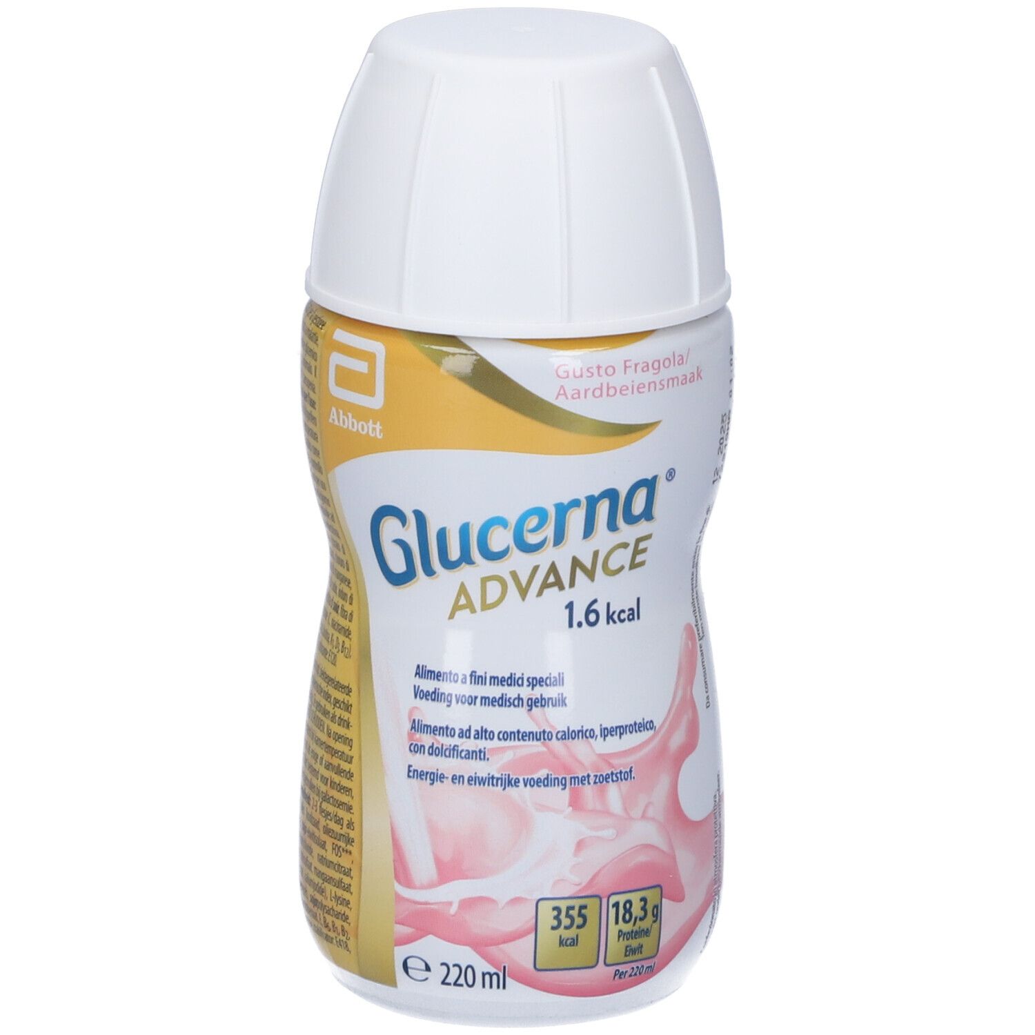 Bottiglia Glucerna Advance 1,6 kcal. Tappo bianco, liquido rosa, logo giallo. Testo: 'Gusto Fragola/Aardbeienmaak'.