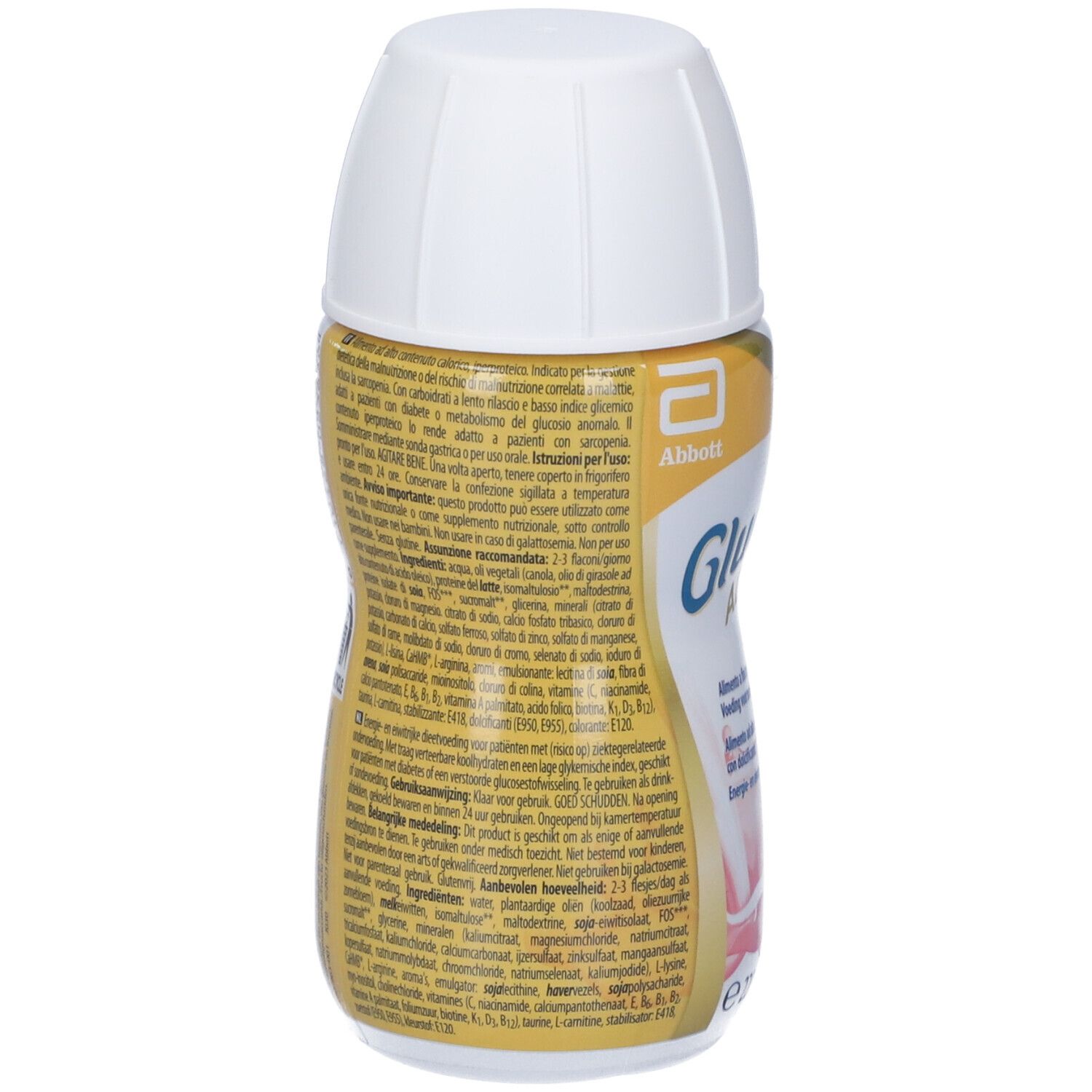 Retro della bottiglia Glucerna Advance. Sfondo giallo, testo multilingue. Codice a barre e QR code.