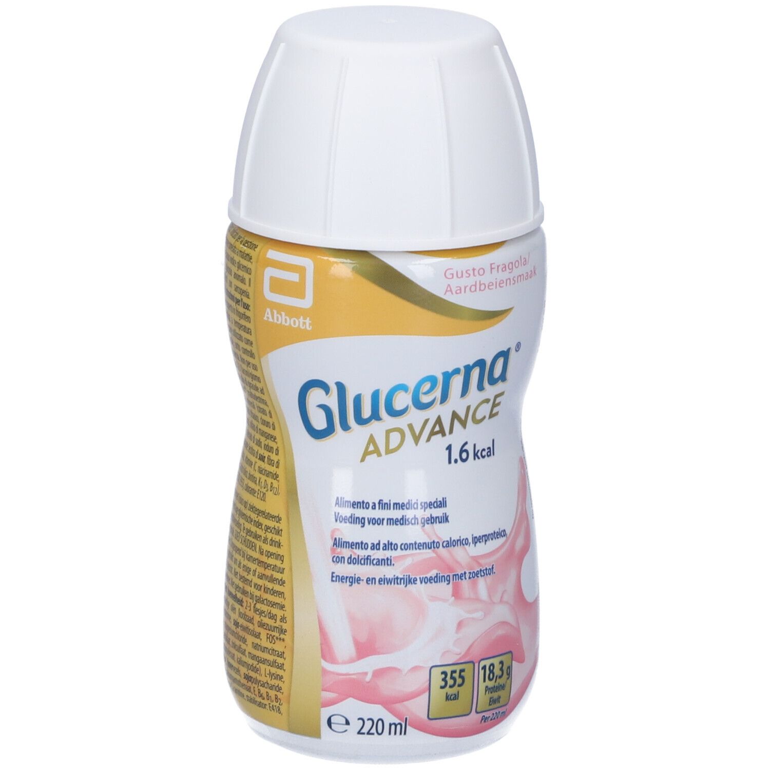 Bottiglia Glucerna Advance 1,6 kcal. Tappo bianco, liquido rosa, logo giallo. Testo: 'Gusto Fragola/Aardbeienmaak'.