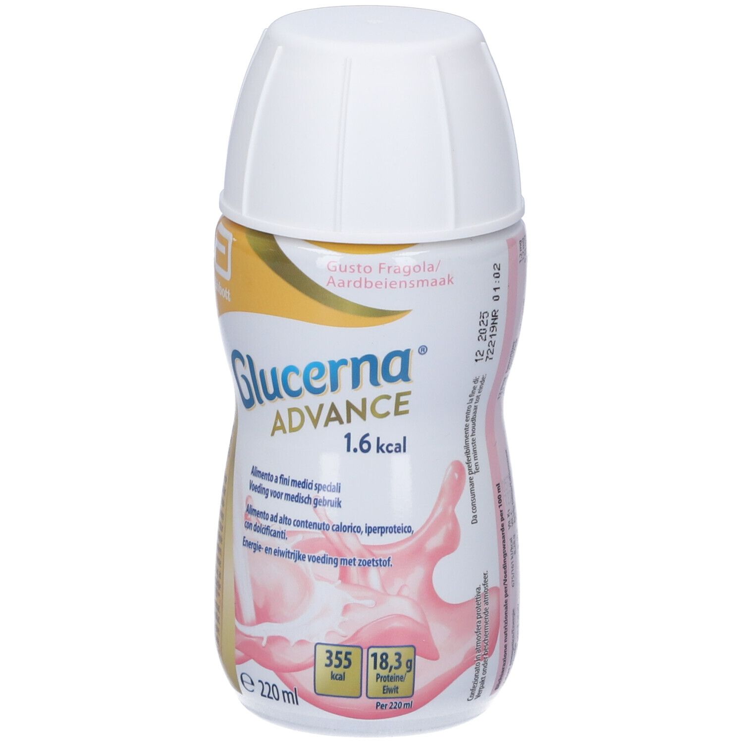 Bottiglia Glucerna Advance 1,6 kcal. Tappo bianco, liquido rosa, logo giallo. Testo: 'Gusto Fragola/Aardbeienmaak'.