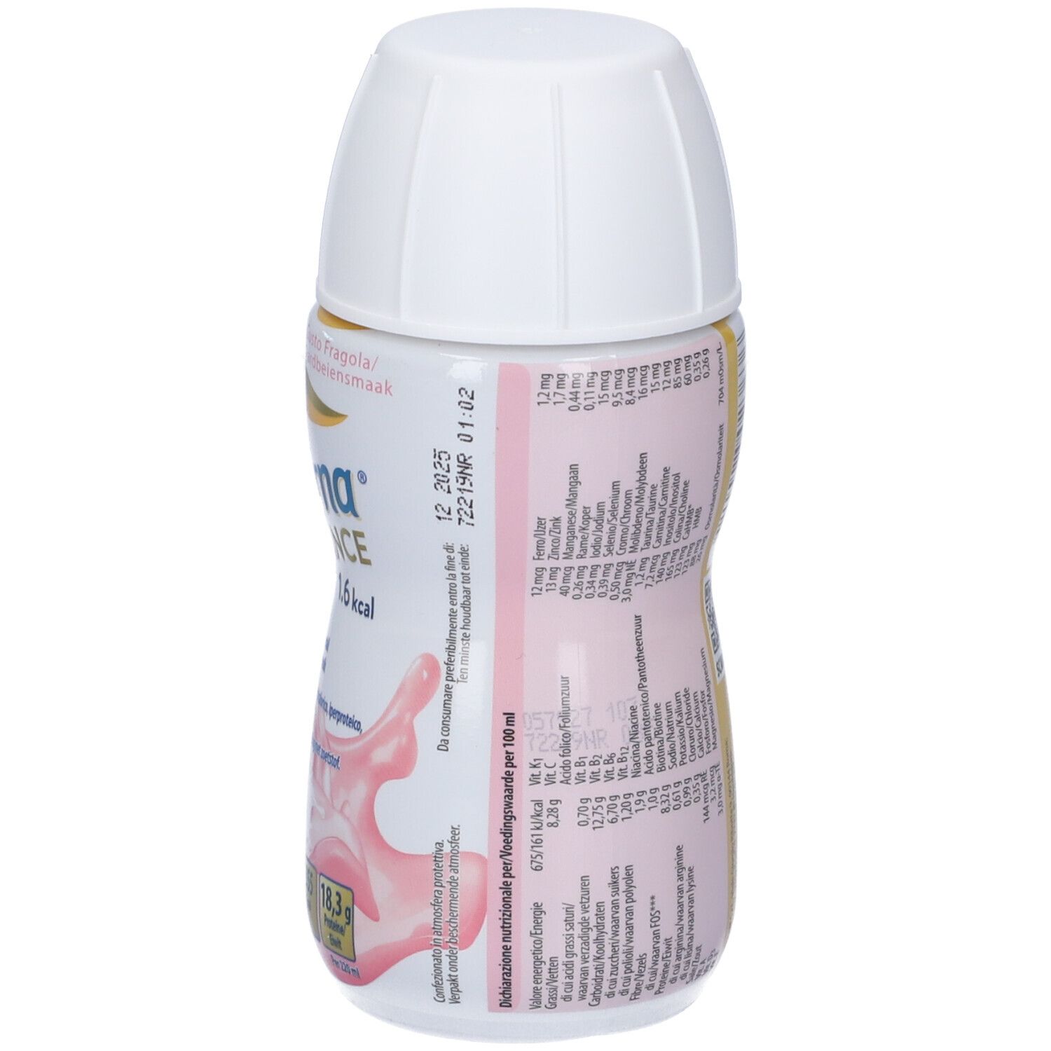 Bottiglia Glucerna Advance, dettaglio. Tappo bianco, liquido rosa, logo giallo. Testo e informazioni nutrizionali.