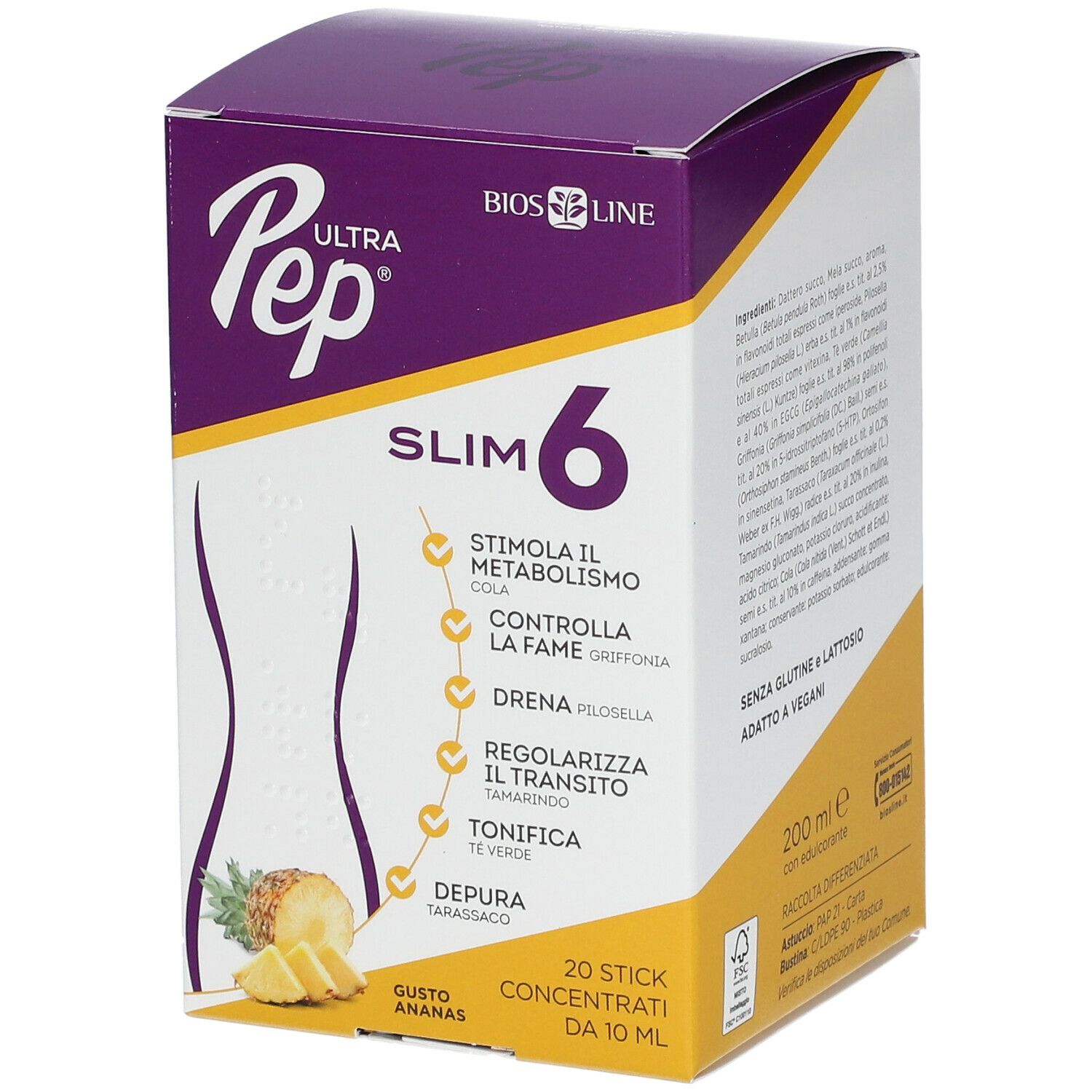 Confezione UltraPep Slim 6 gusto Ananas, Bios Line. Scatola viola e gialla con informazioni e immagine di ananas.